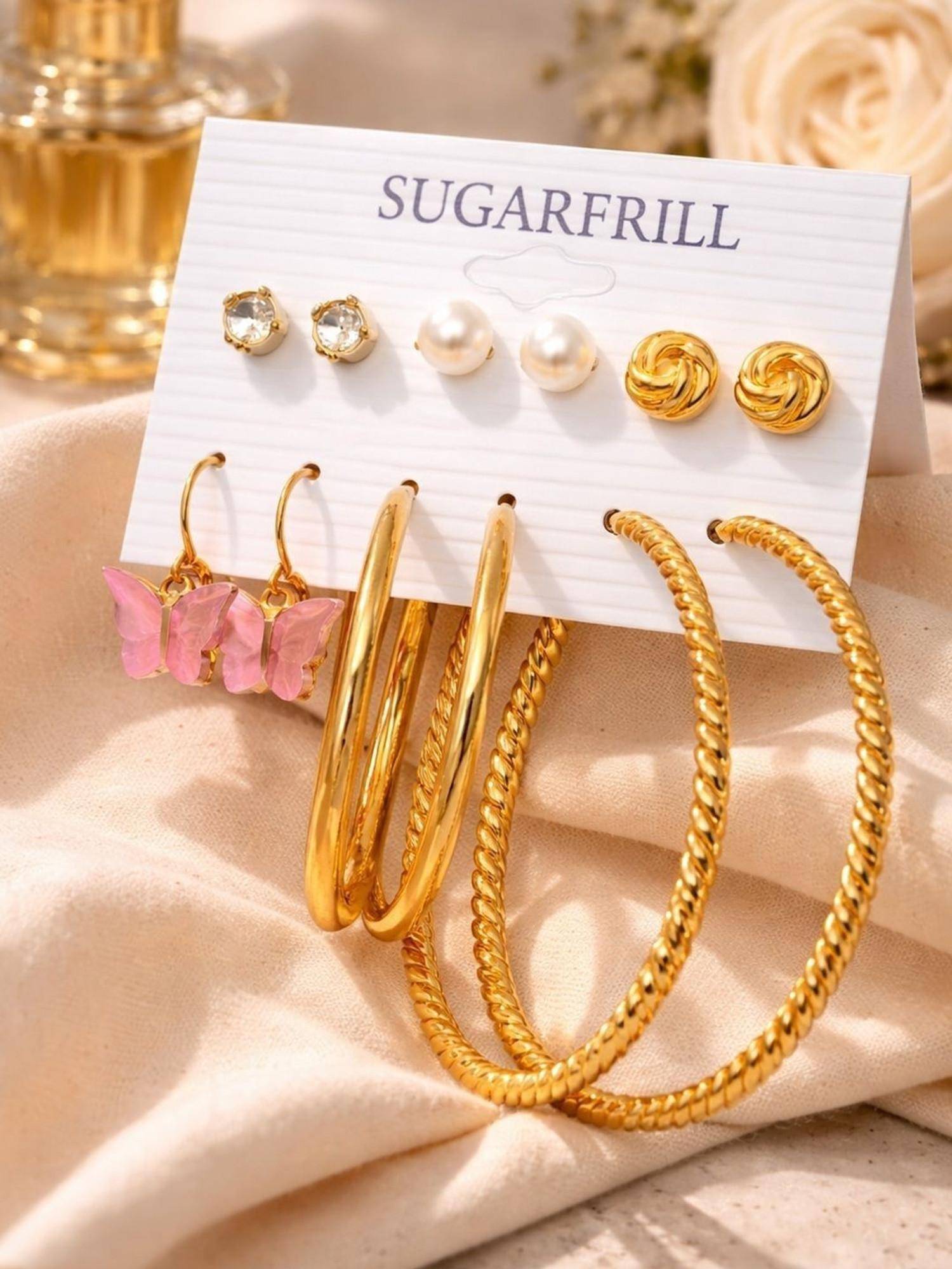 SUGARFRILL Party Gold Plated Studs Hoops Drop Earrings (Pack of 6)