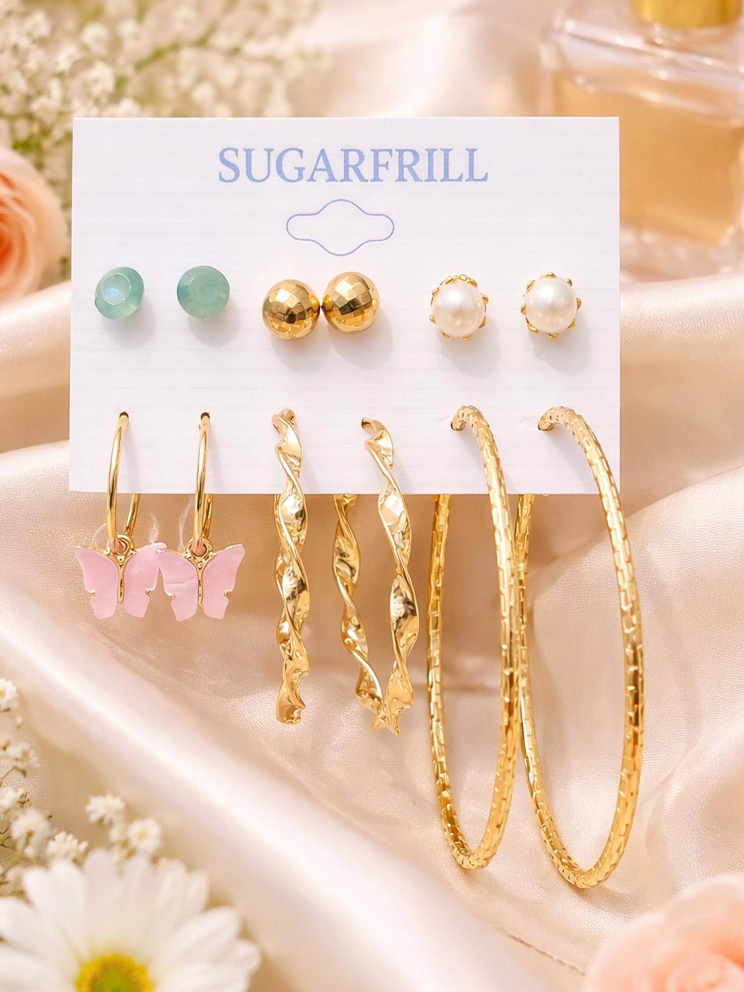 SUGARFRILL Party Gold Plated Studs Hoops Drop Earrings (Pack of 6)