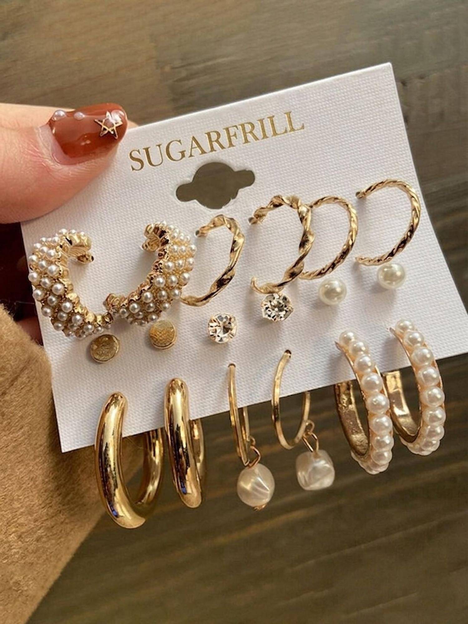 SUGARFRILL Party Gold Plated Multi Design Pearl Hoop Stud Earrings (Pack of 9)