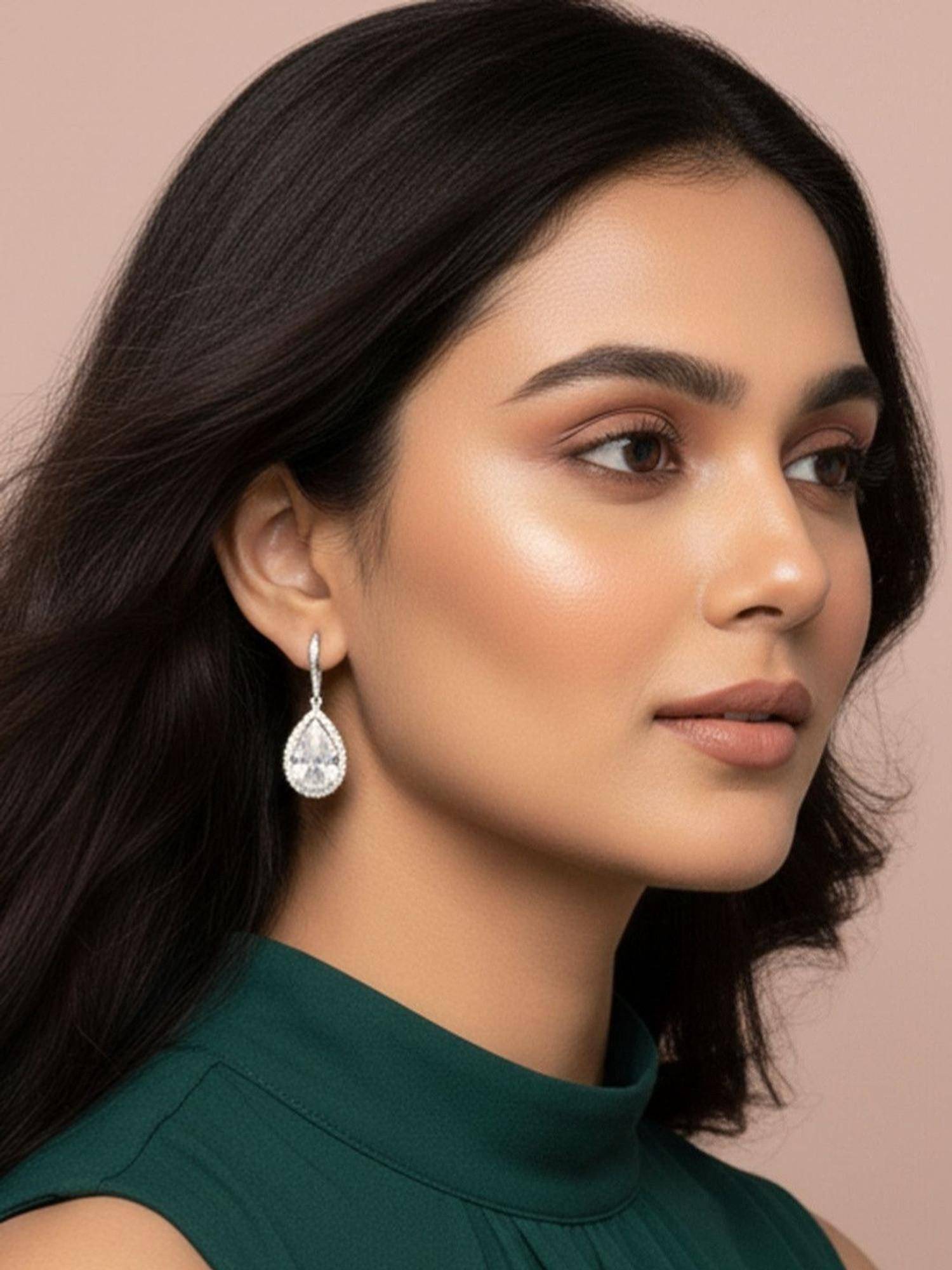 SUGARFRILL Silver Plated Designer CZ Teardrop Dangling Earrings