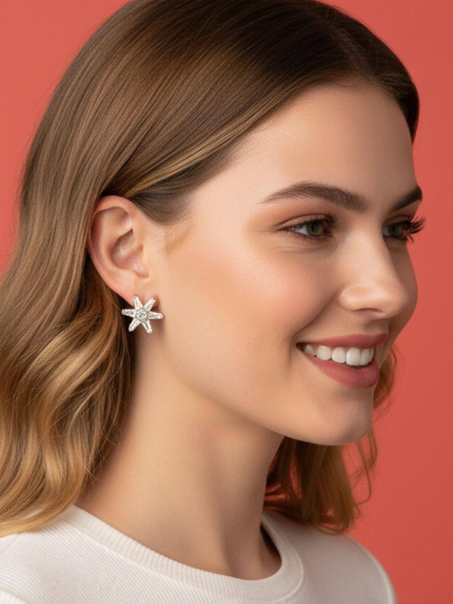 SUGARFRILL 22K Gold Plated Designer CZ Starburst Stud Earrings