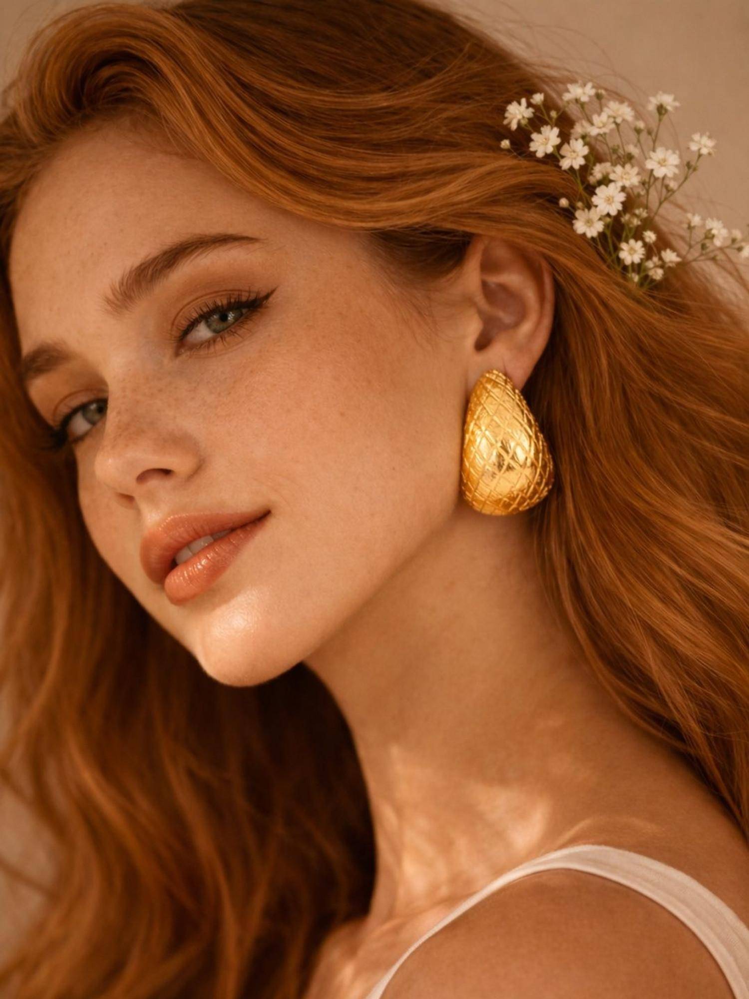 SUGARFRILL Party Gold Plated Textured Statement Hoop Earrings