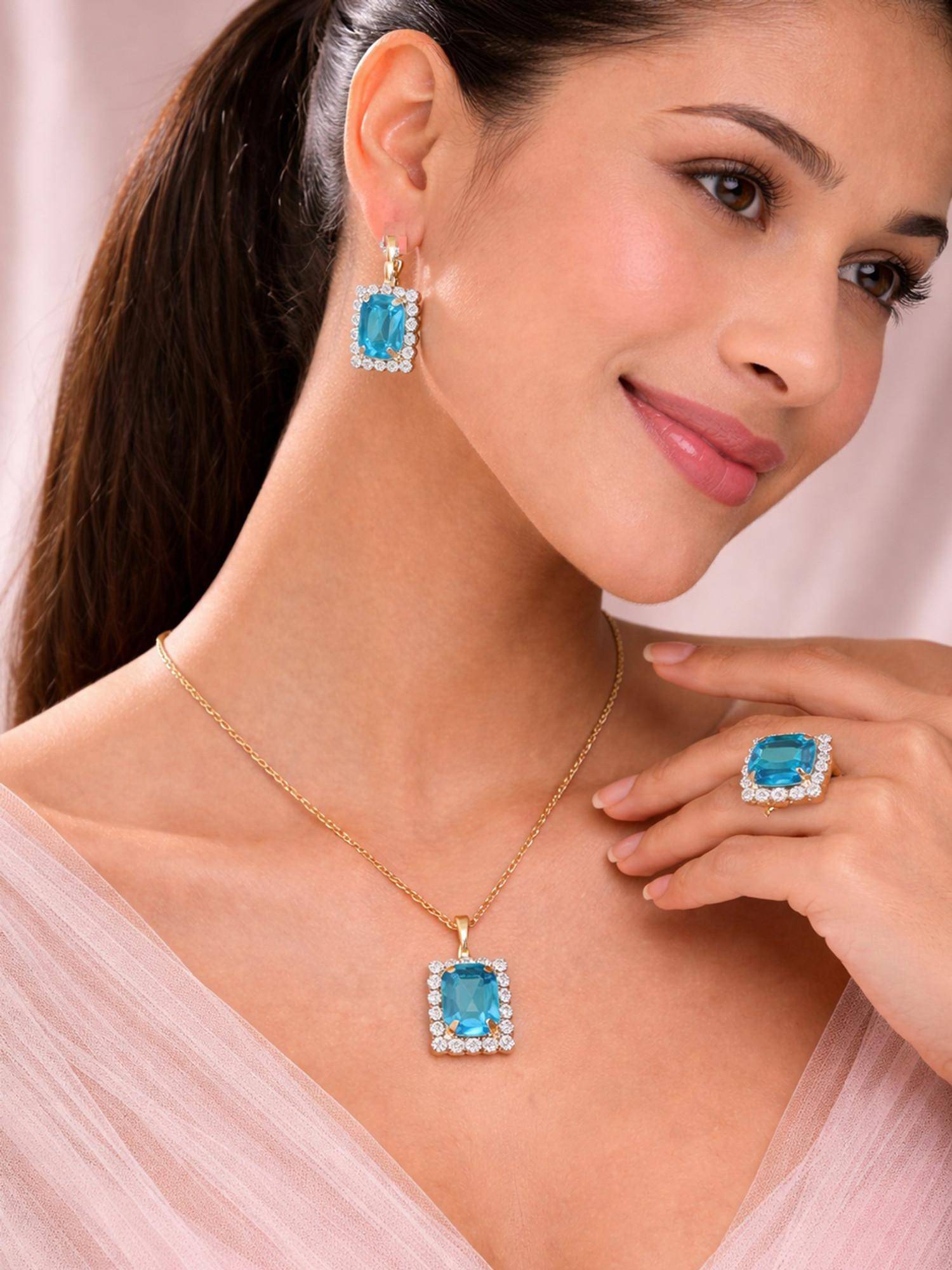 SUGARFRILL Stone Studded Pendant Necklace with Earrings & Ring