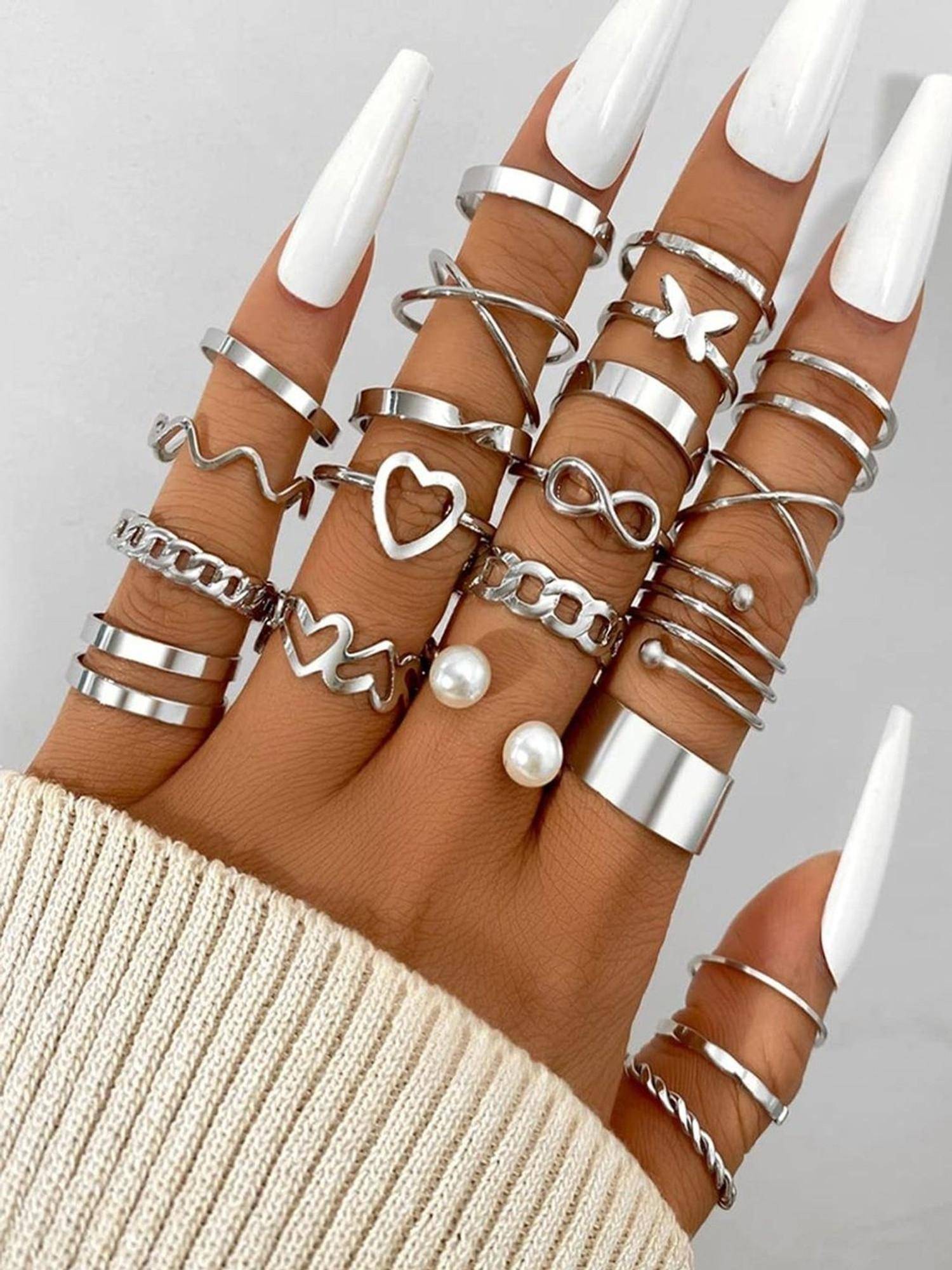 SUGARFRILL Silver Plated Multi Design Heart Infinity Pearl Adjustable Ring (Pack of 22)