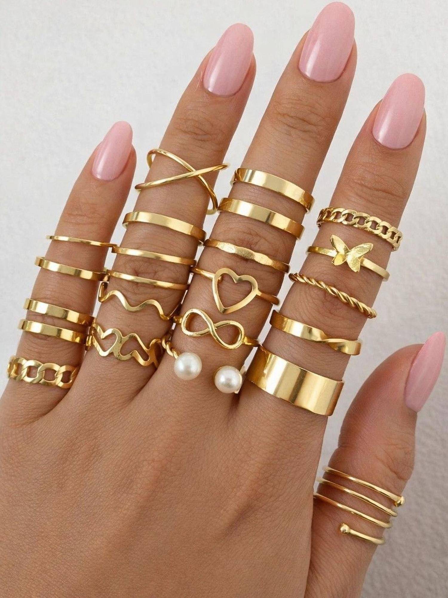 SUGARFRILL Gold Plated Multi Design Heart Infinity Pearl Adjustable Ring (Pack of 22)