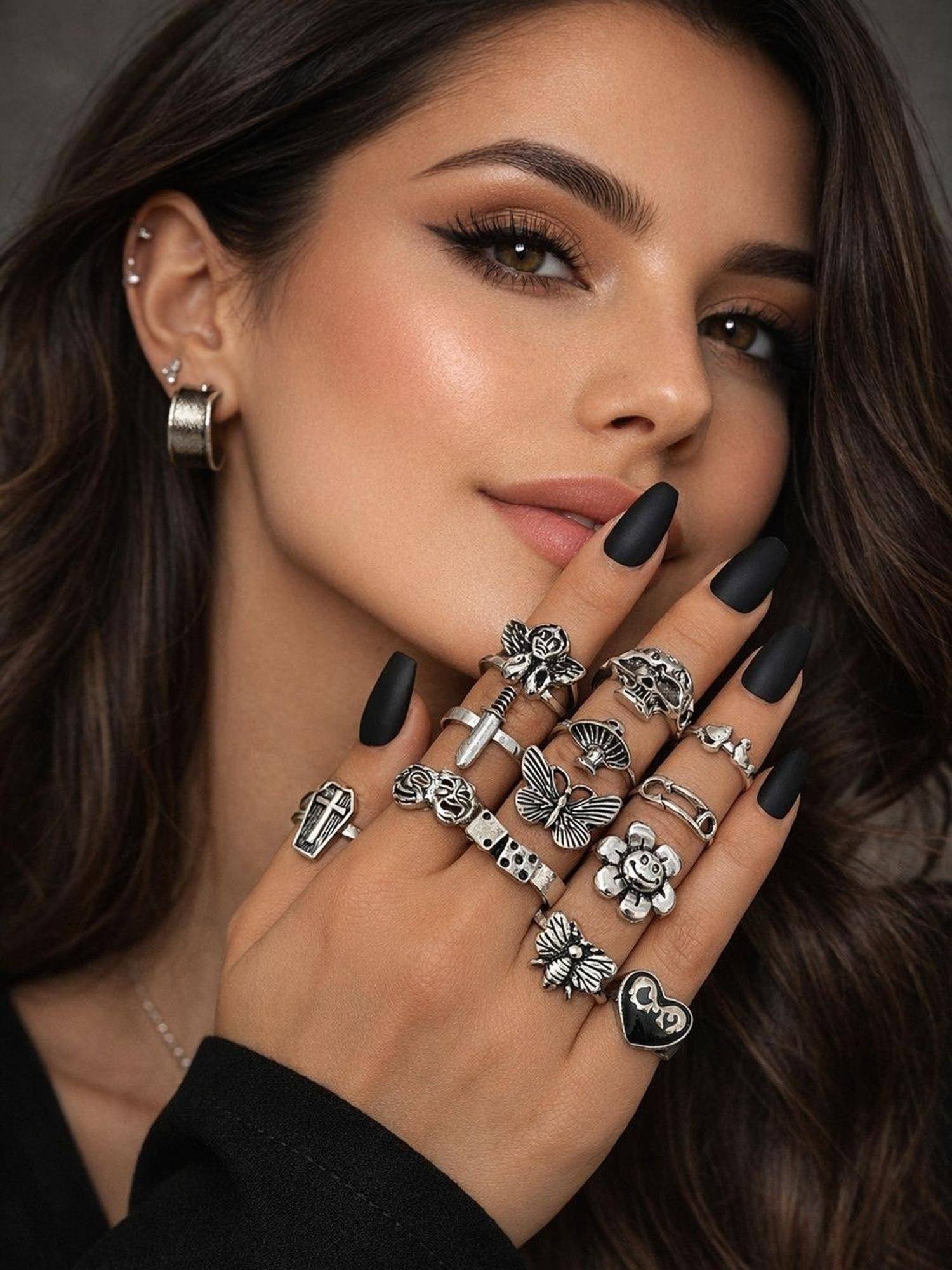 SUGARFRILL Party Silver Plated Gothic Motif Skull Butterfly Heart Adjustable Ring (Pack of 12)