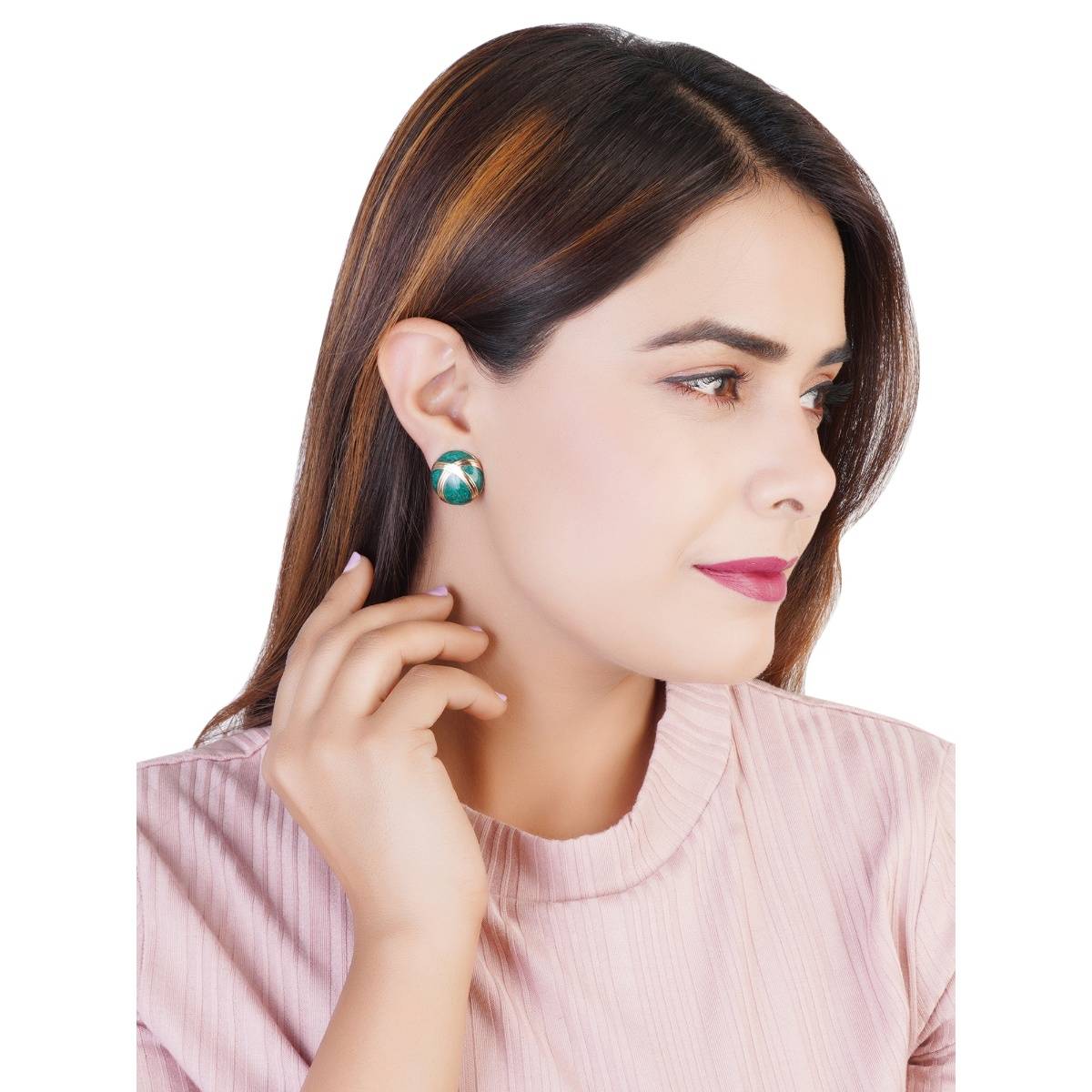 Estele Gold Plated Round Shaped Pretty Stud Earrings with Green Enamel for Girls/Women