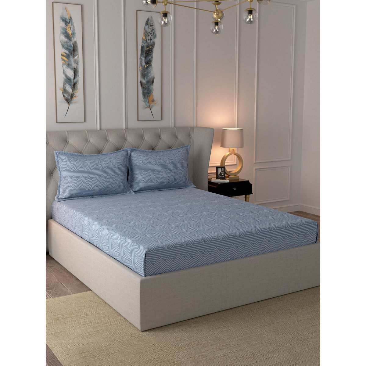 Inhouse by Maspar Glam Craze Blue Print 144TC Cotton Double Bed Sheet With 2 Pillow Covers