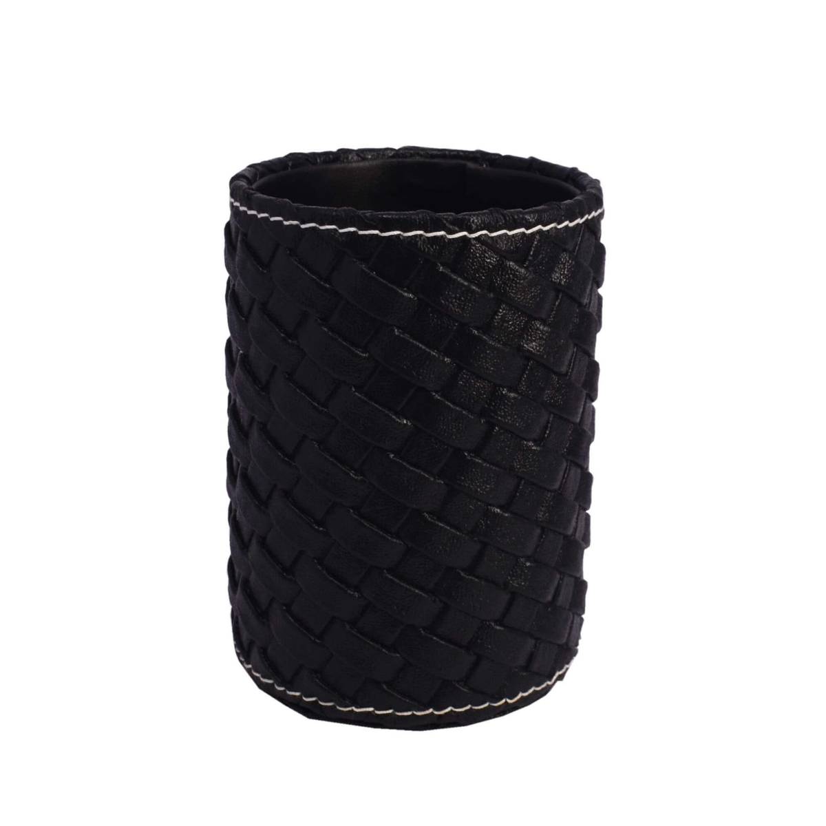 Premsons Stylish Woven Design Round Leather Pen- Pencil Desk Organizer For Home And Office- Black