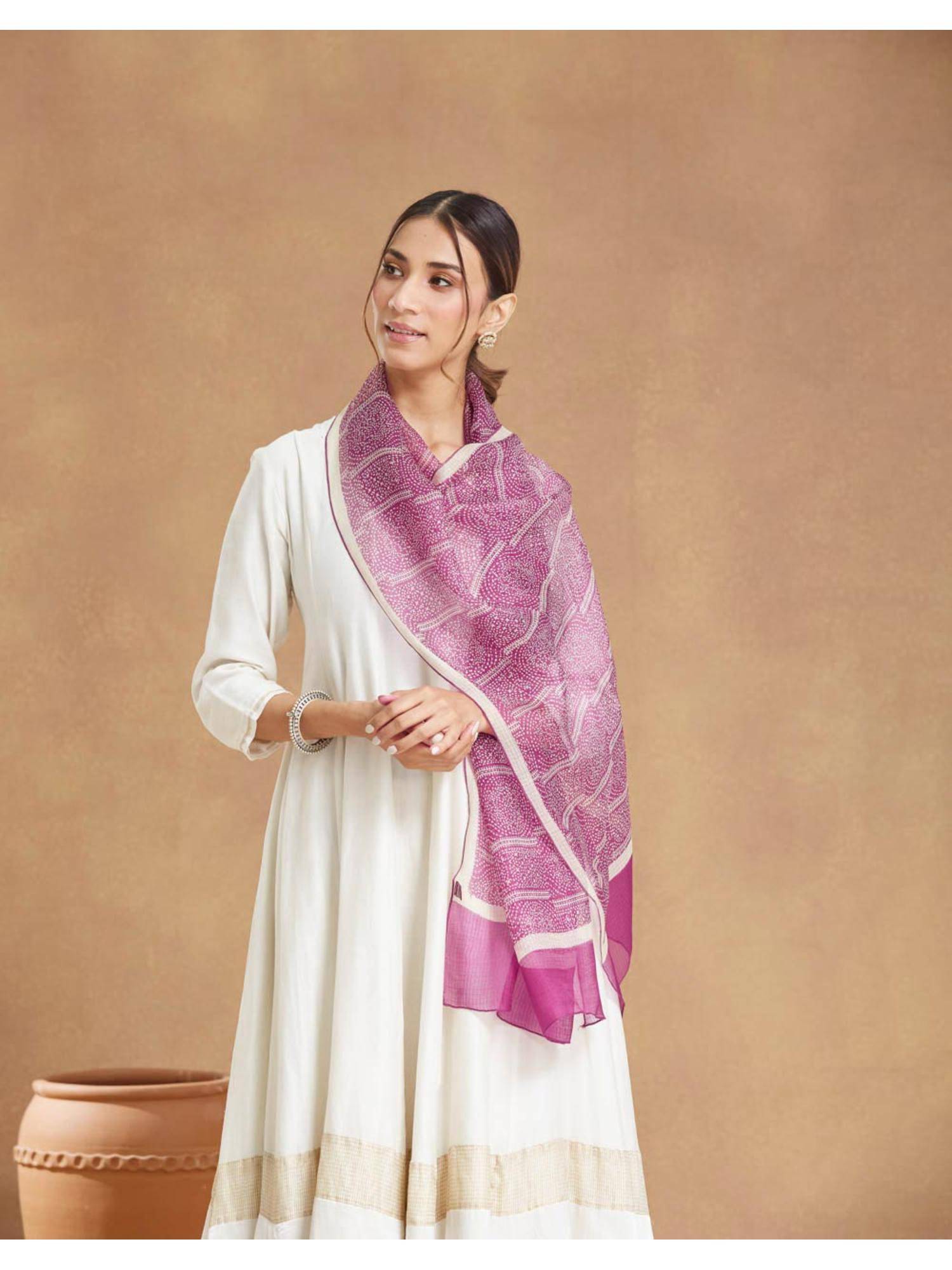 Fabindia Maroon Silk Blend Hand Block Printed Stole