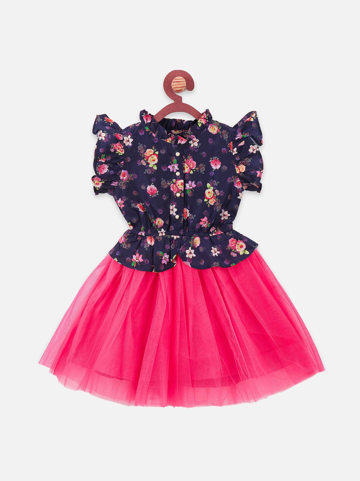 Lilpicks Floral Tulle Dress - Navy Blue (2-3 Years)
