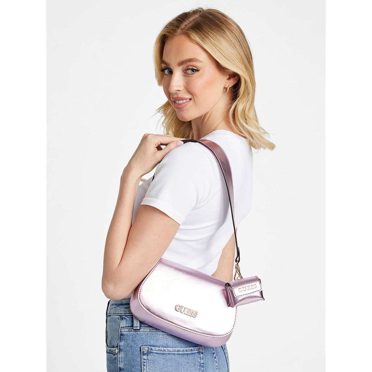 Guess Women Metallic Pink Shoulder Bag with Pouch (Set of 2)