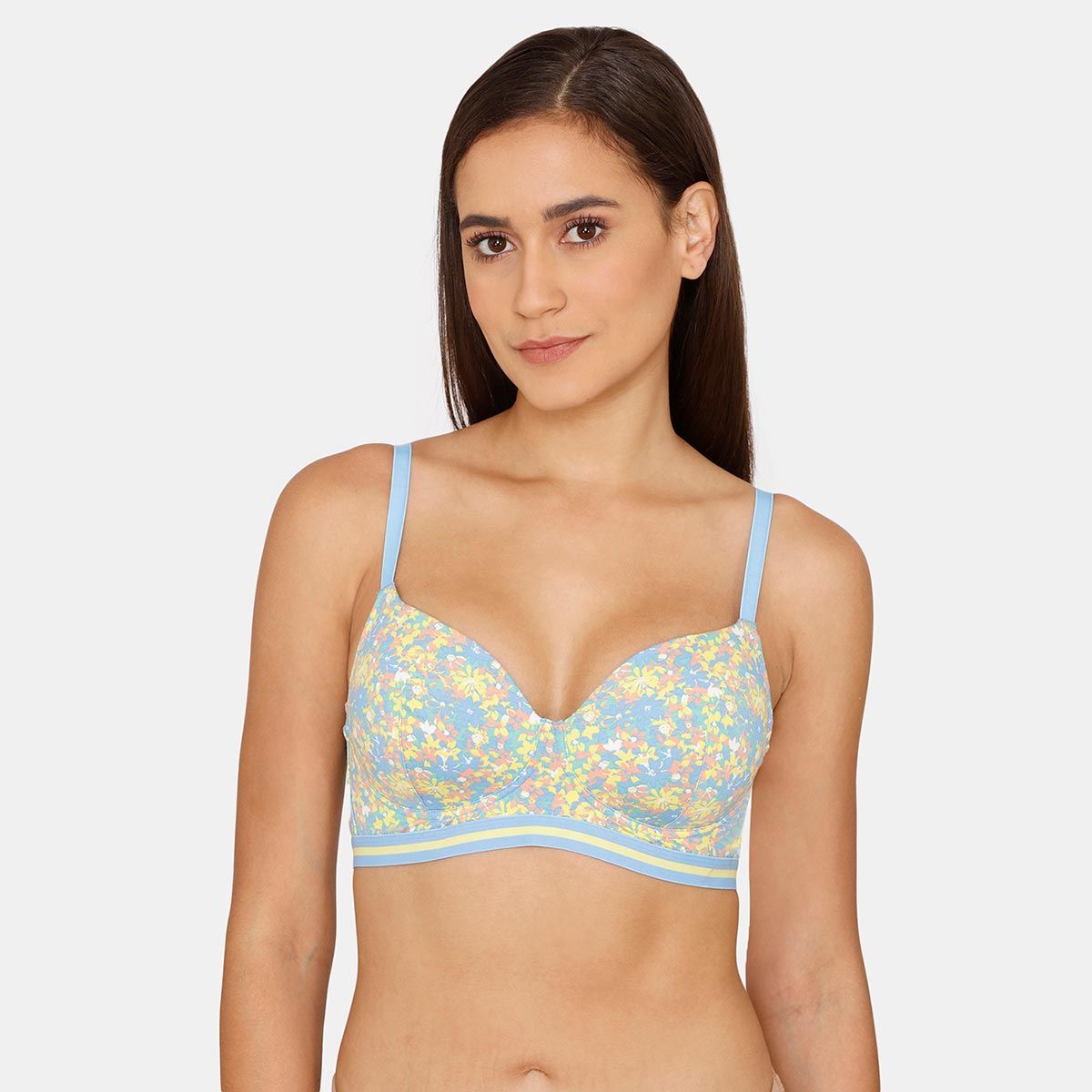 Zivame Vivacious Padded Wired 3/4th Coverage T-Shirt Bra With Hipster Panty  - Blue Print