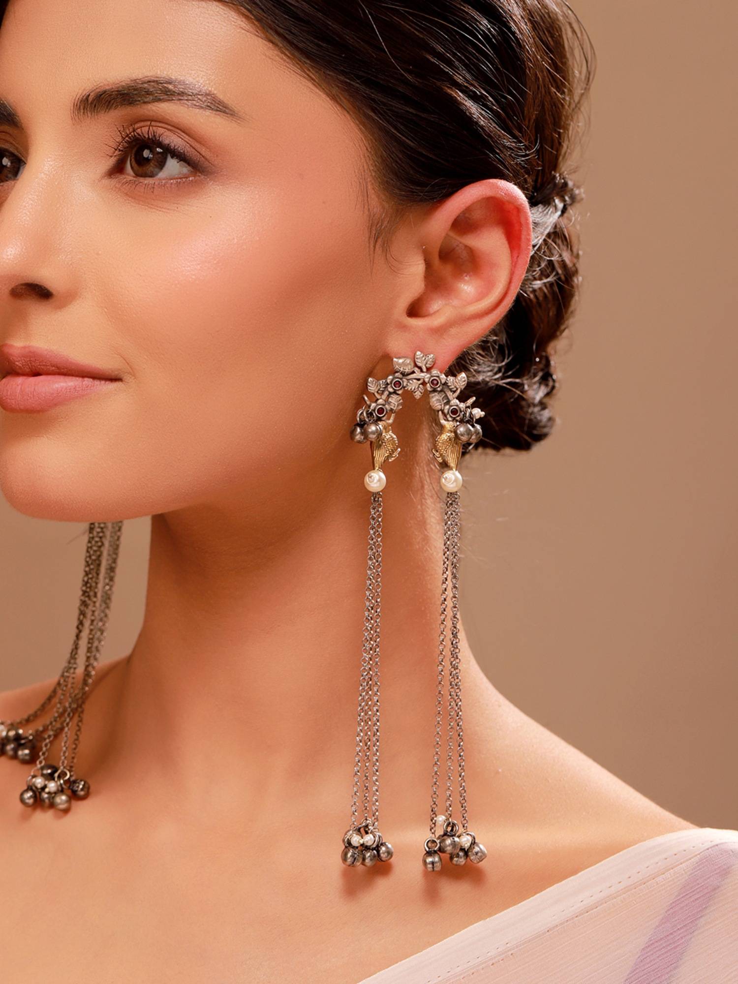 Voylla Dual Tone Parrot Motif Chain Tassel Earrings