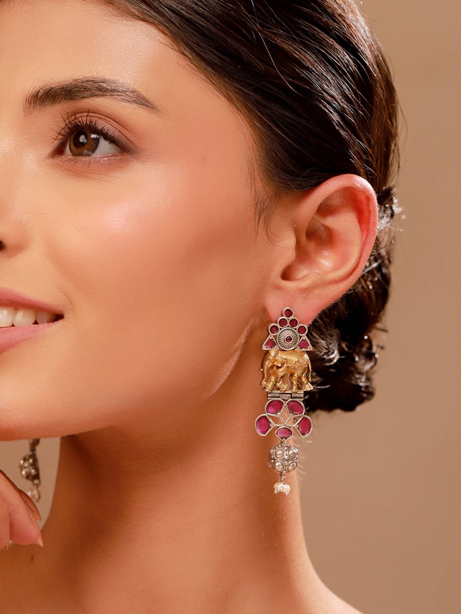 Voylla Gaja Pink Stone Dangler Dual Tone Earrings