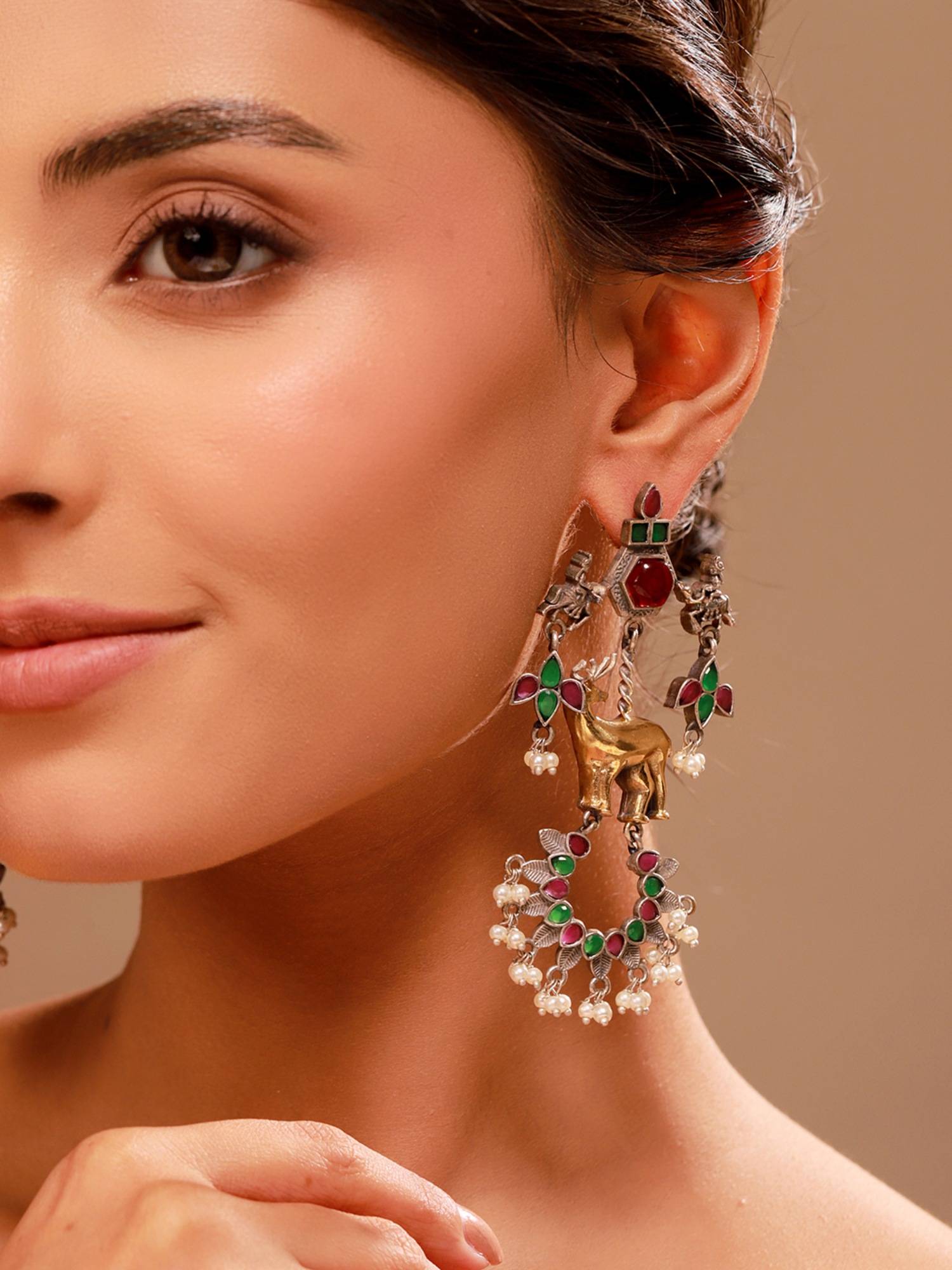 Voylla Multistone Arch Dual Tone Dangler Earrings