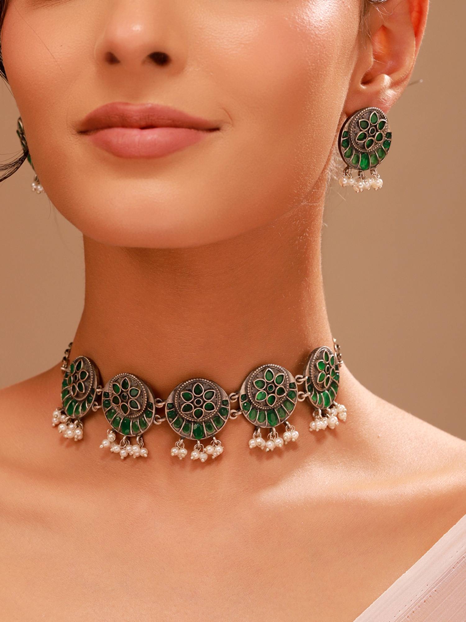 Voylla Oxidised Green Stone Floral Jewellery Set