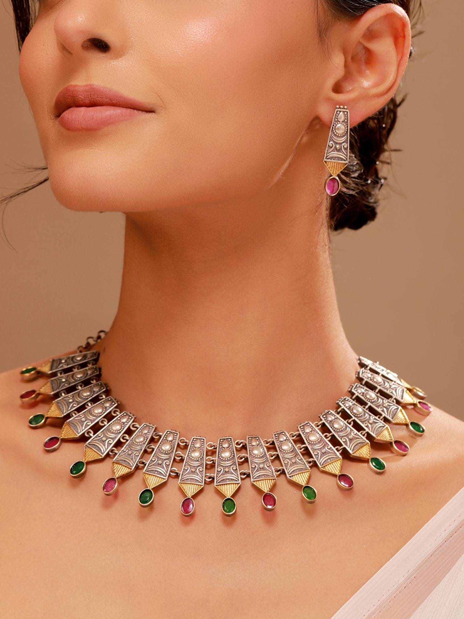 Voylla Oxidised Short Multicolour Bead Jewellery Set