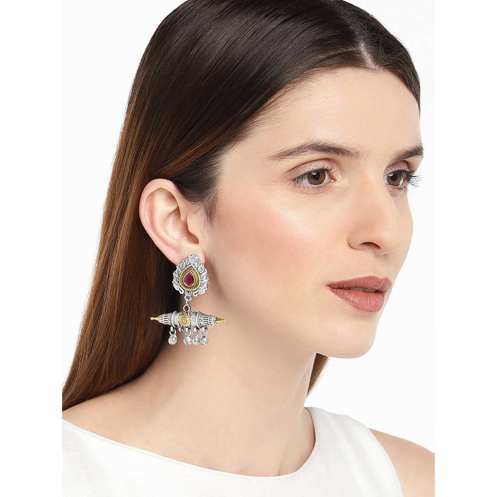 AccessHer Silver-Plated & Red Handcrafted Classic Drop Earrings