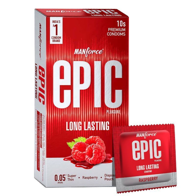 Manforce Epic Pleasure Long Lasting Super Thin Raspberry Flavoured Condoms With Disposable Pouch