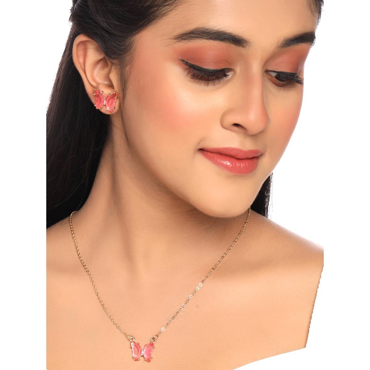 Yellow Chimes Gold-Plated Pink Crystal Pendant Set