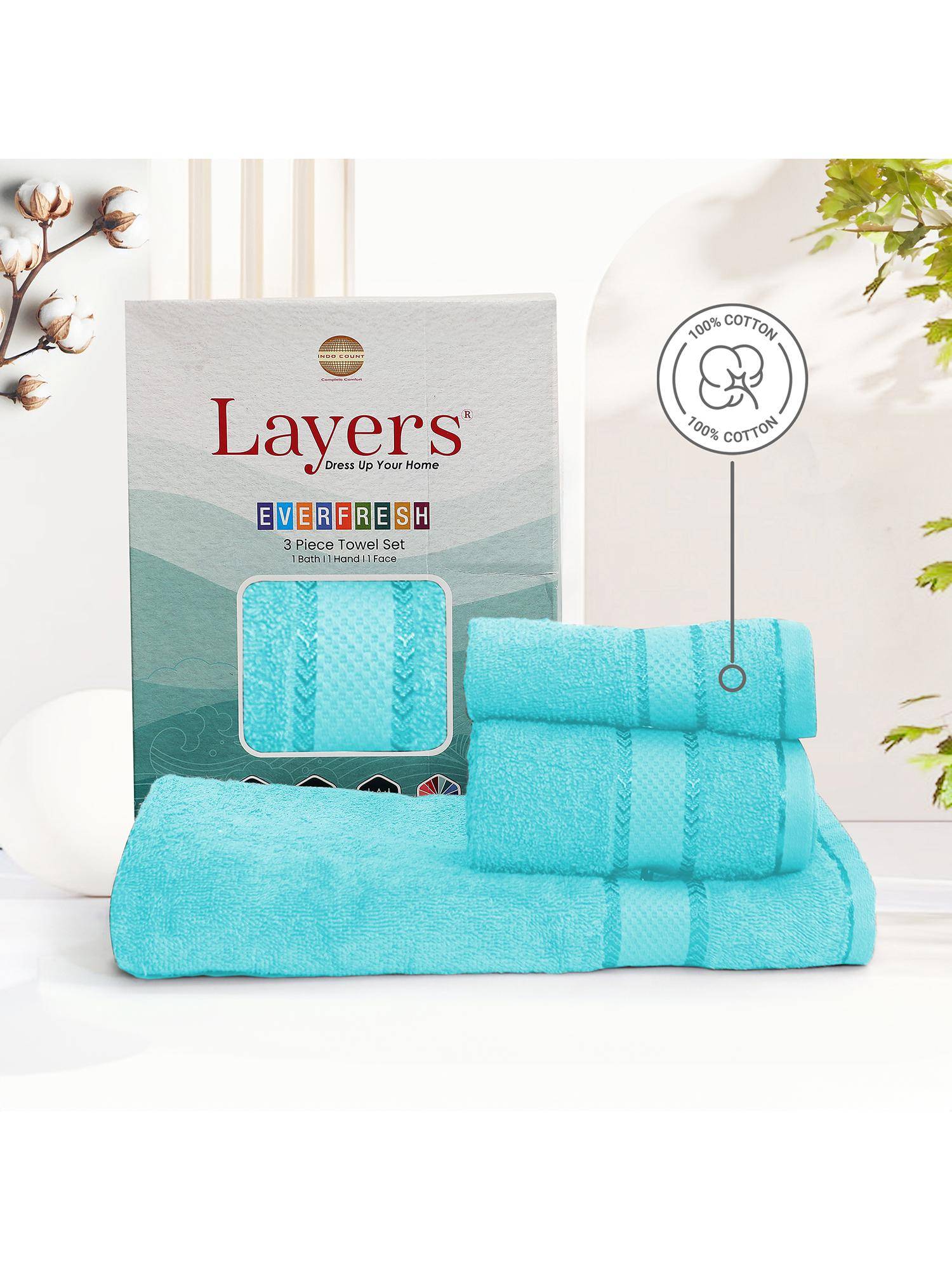 Layers Everfresh 100% Cotton 380 GSM Blue Solid Towel Combo (Pack of 3)