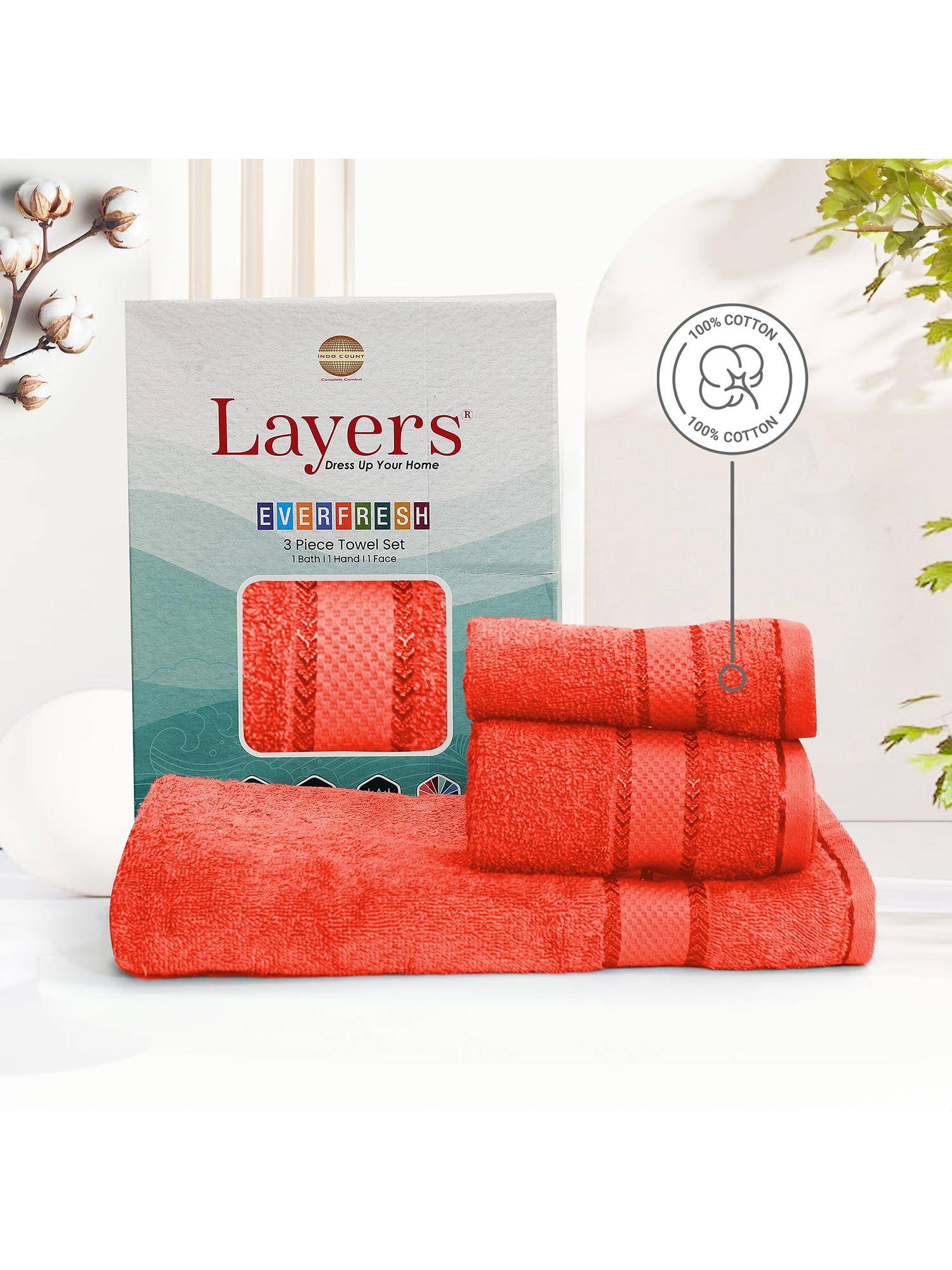 Layers Everfresh 100% Cotton 380 GSM Red Solid Towel Combo (Pack of 3)