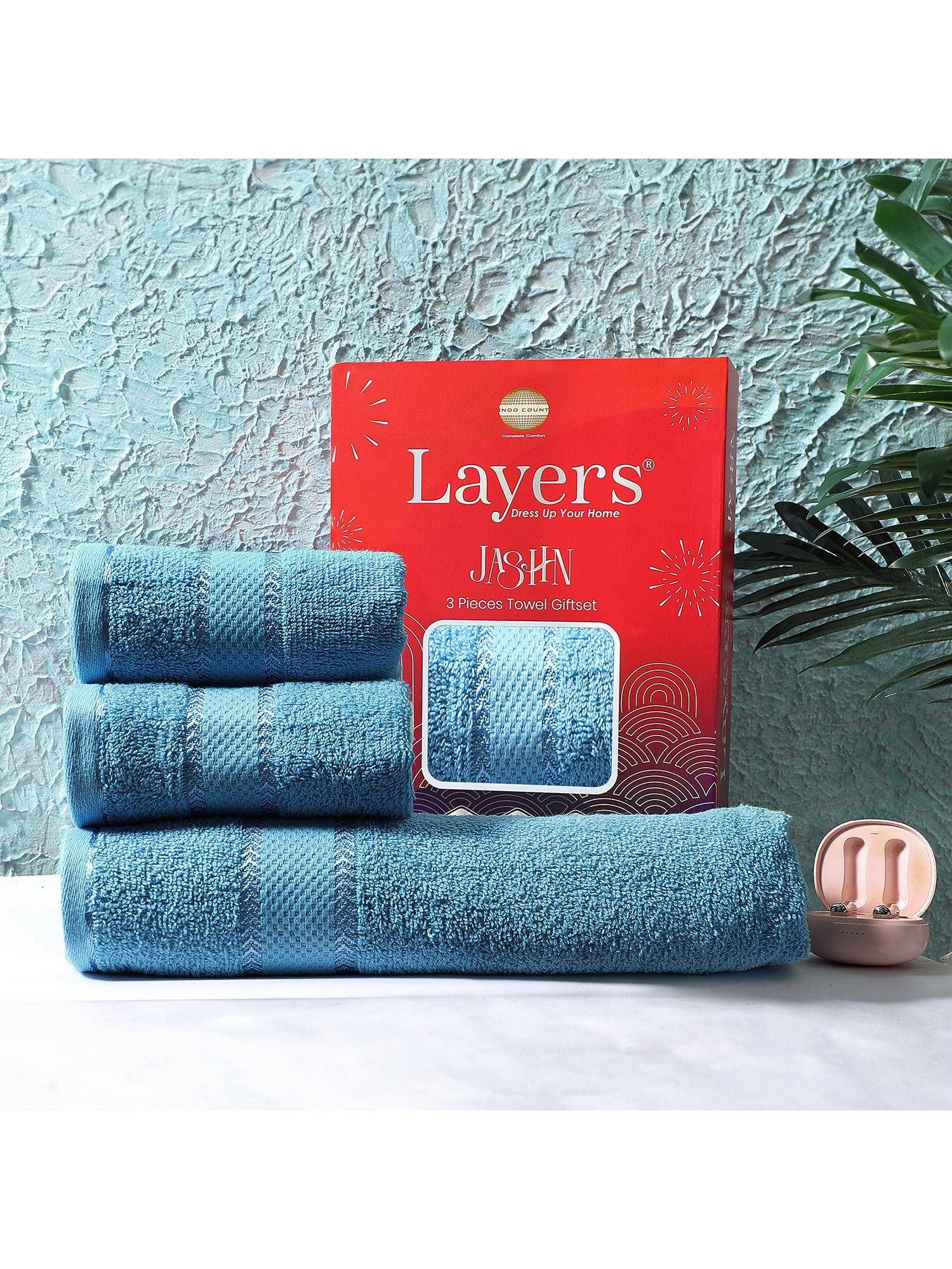 Layers Jashn 100% Cotton 380 GSM Blue 1 Bath Towel with 2 Hand Towel Combo Set