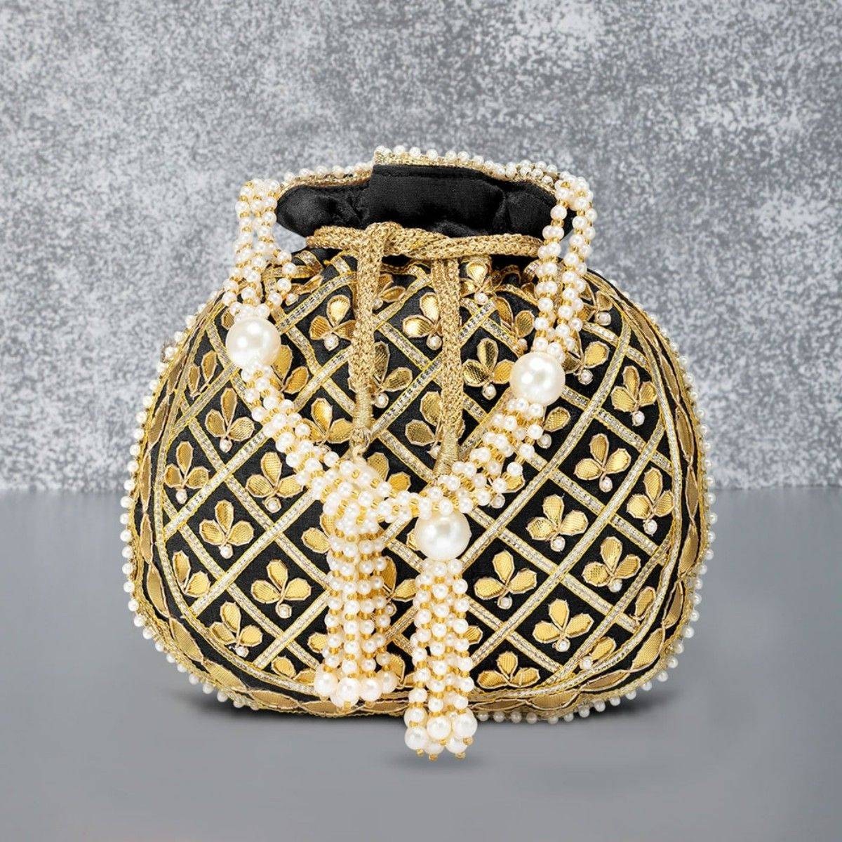 Peora Embroidered Potli Bags Handmade Ethnic Purse Evening Handbags Stylish Black - P09BL
