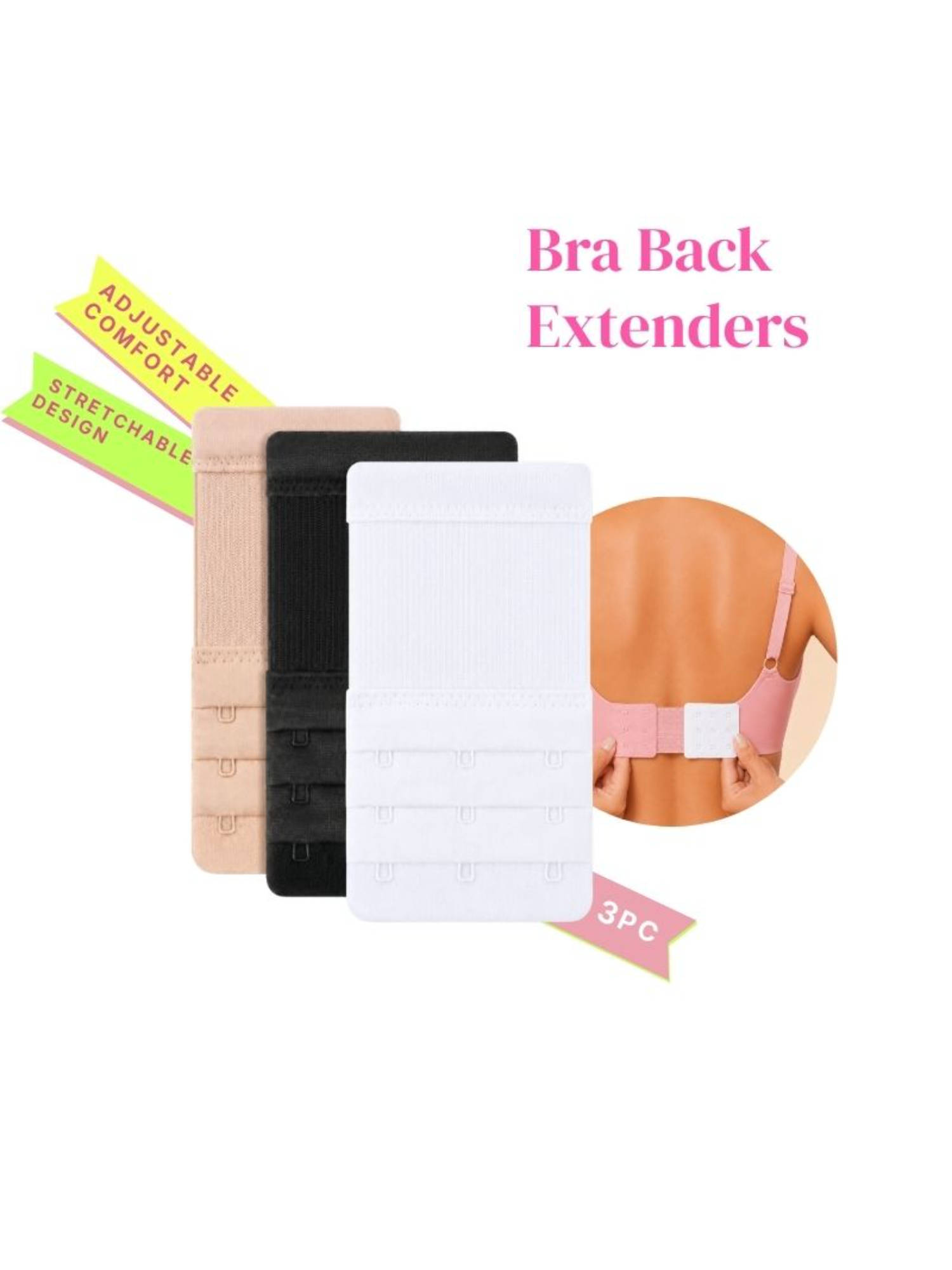 Rheal Curve Women's Soft Breathable Cotton Stretchable and Adjustable Bra Strap Extender (Pack of 3)