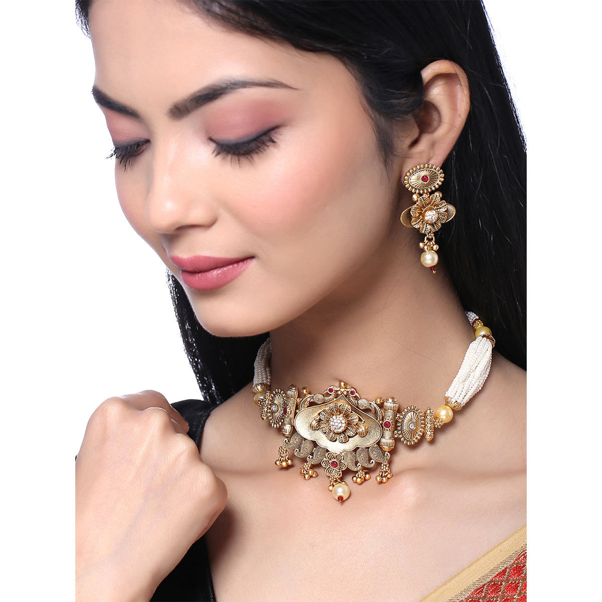 Buy Yellow Chimes Gold Toned Crystal Studded Choker Necklace Set With Earrings For Women Online