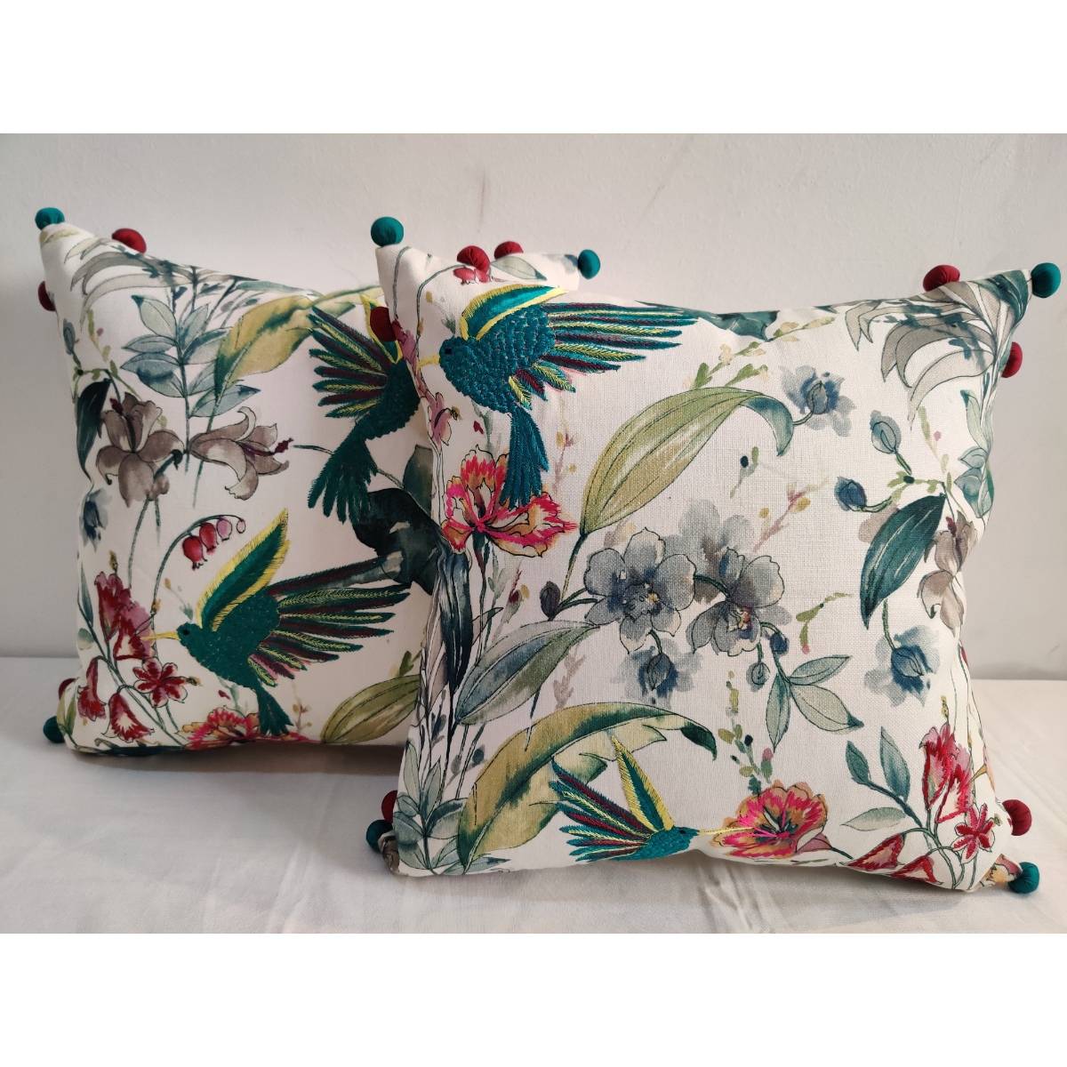 SHADES OF LIFE Flowers With Printed Birds & Highlighted With Emb Decorative Cushion Covers Set of 2