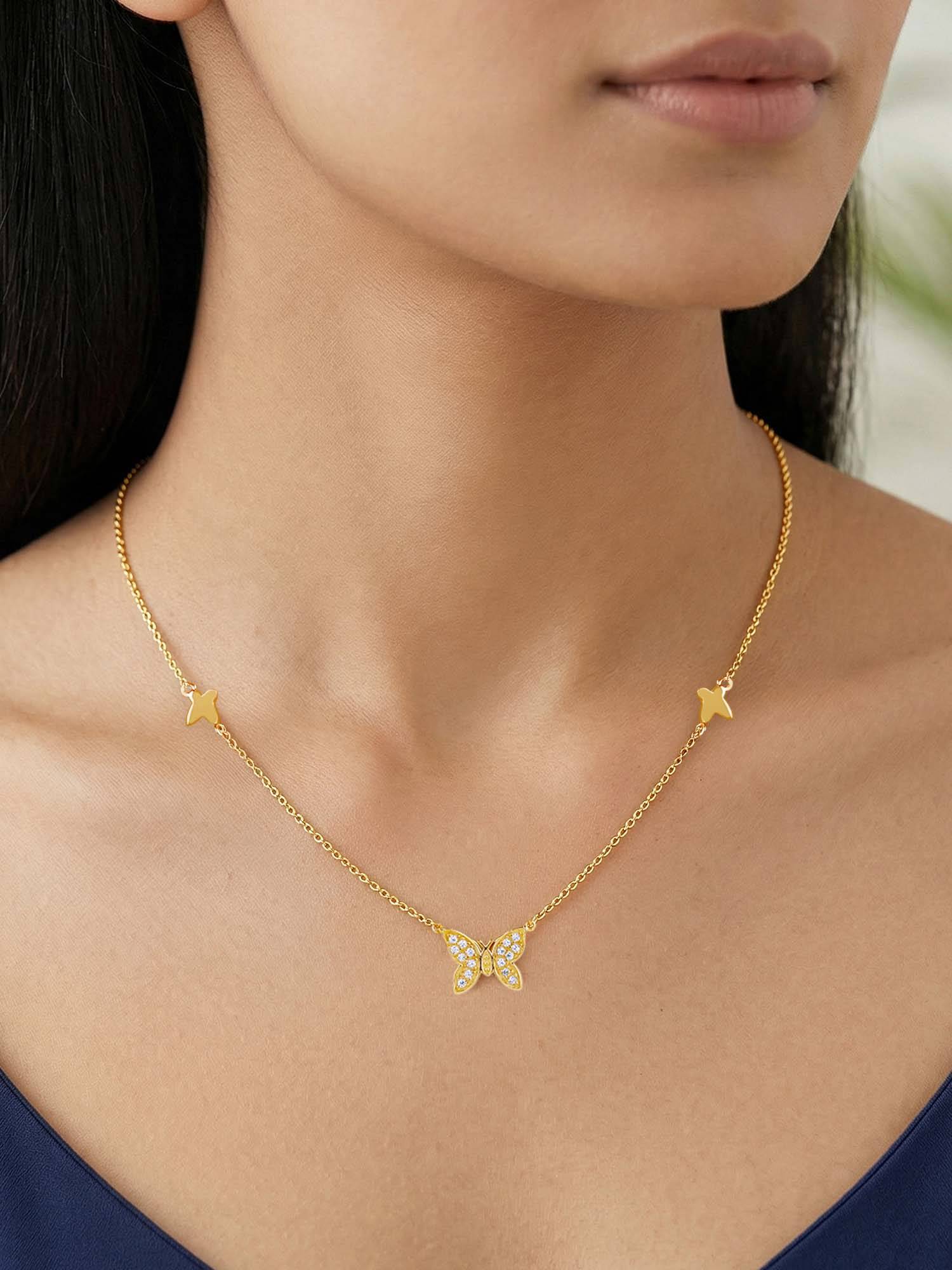 GIVA Women White 925 Silver Golden Triple Flutter Necklace
