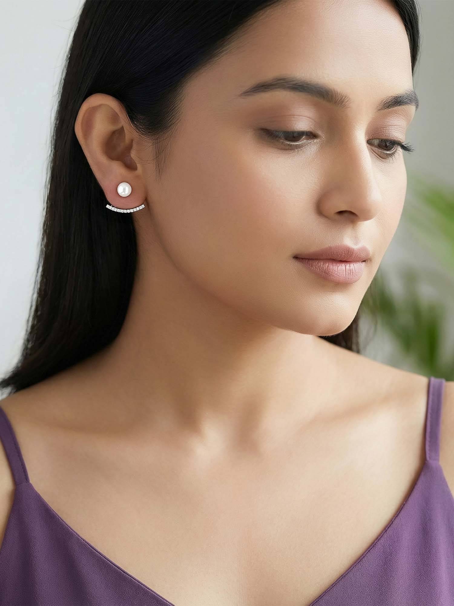 GIVA Women Silver 925 Silver Pearl Ear Jacket Drop Earrings