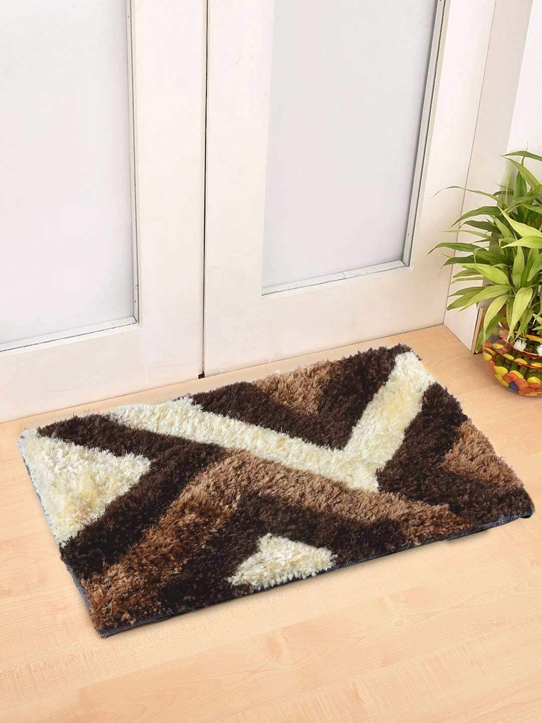 FABINALIV Brown Geometric Polyester Door Mat