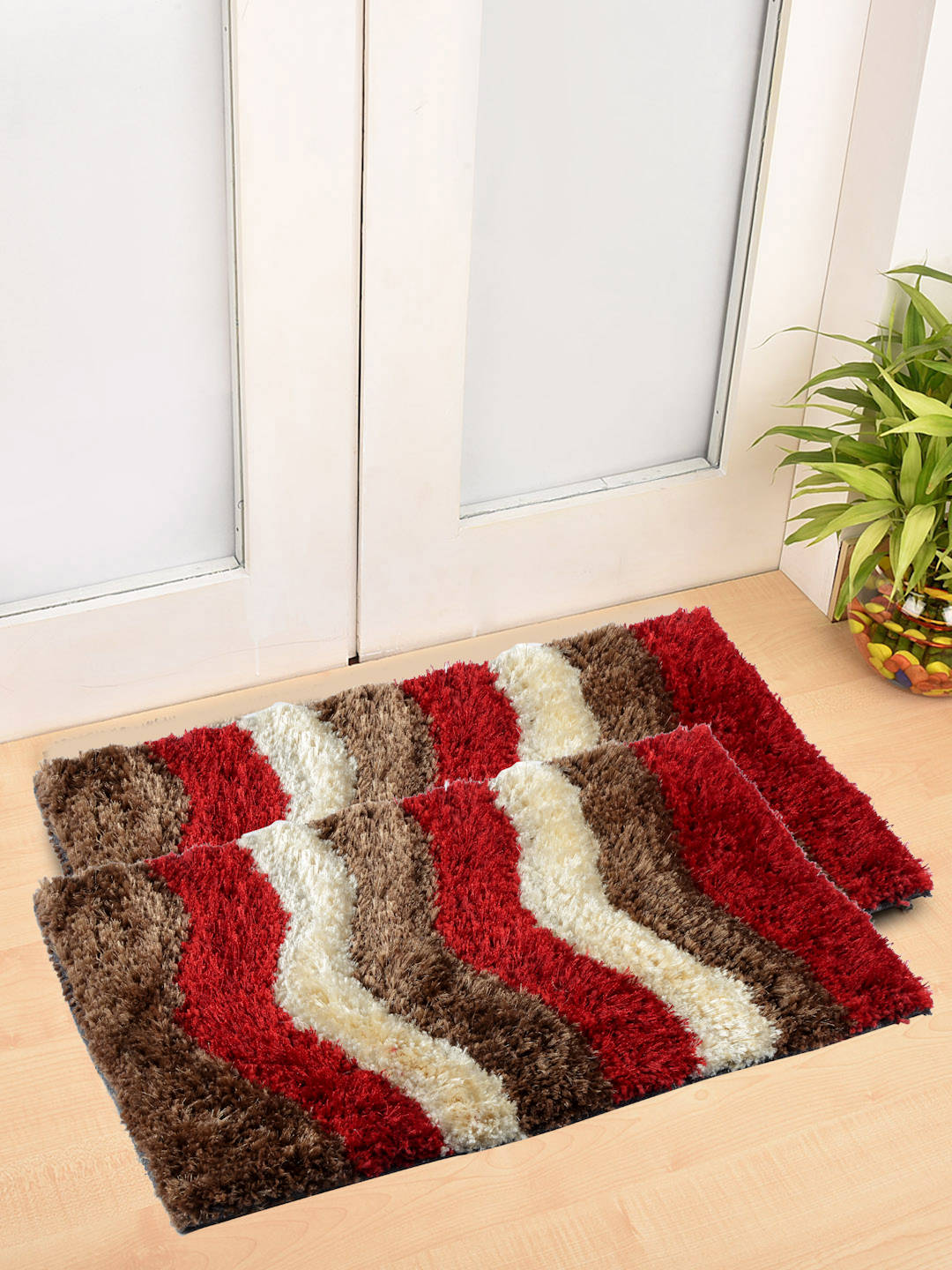 FABINALIV Pack of 2 Red Abstract Polyester Door Mats