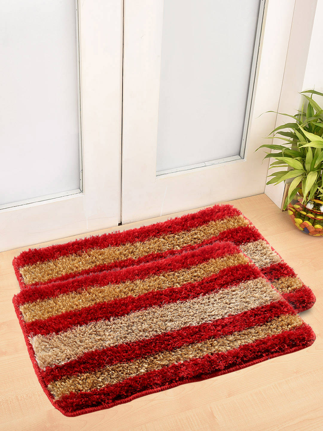 FABINALIV Pack of 2 Red Striped Polyester Door Mats