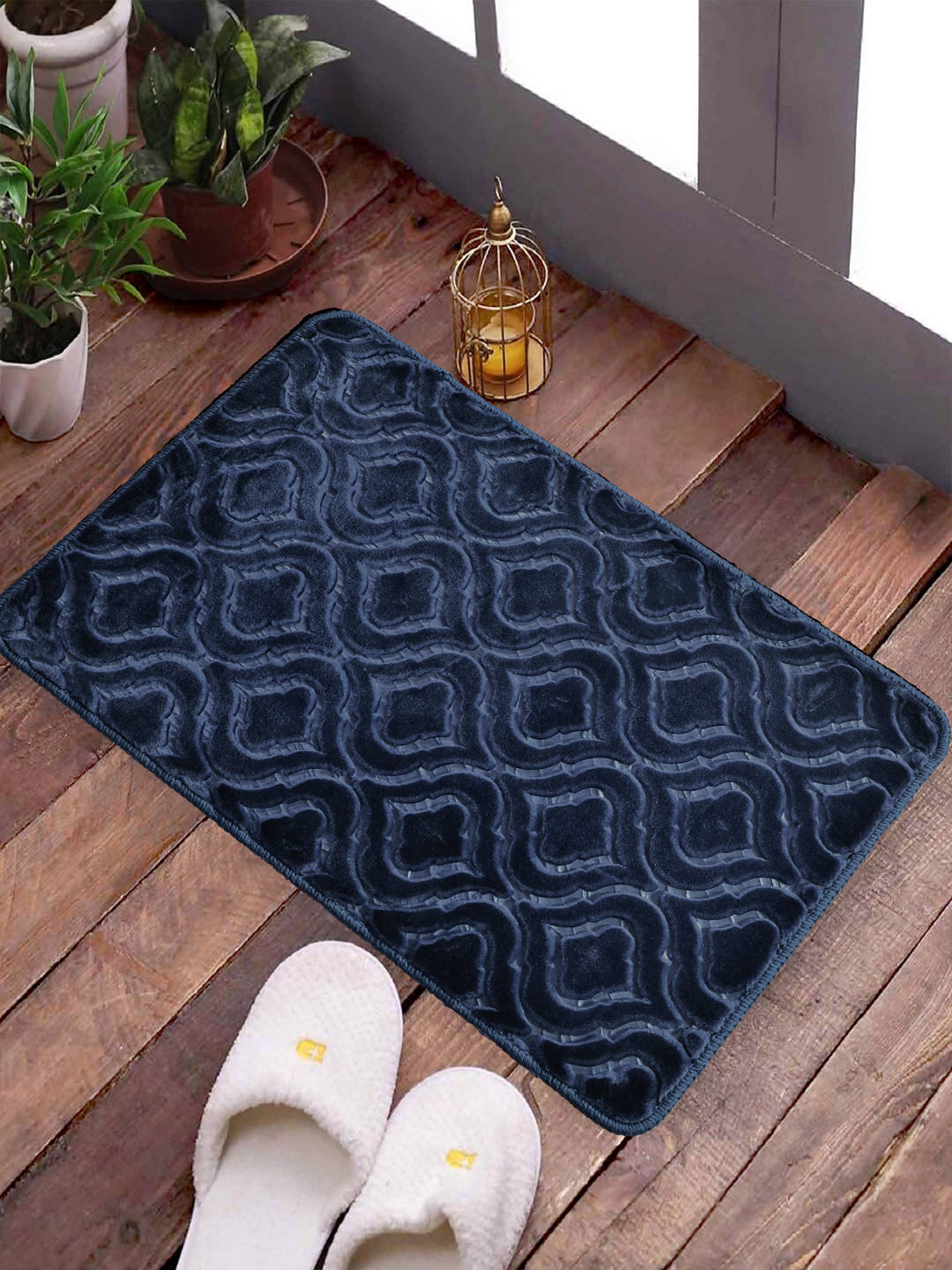 FABINALIV Navy Blue Geometric Cotton Blend Ultra Soft Anti Skid Door Mat