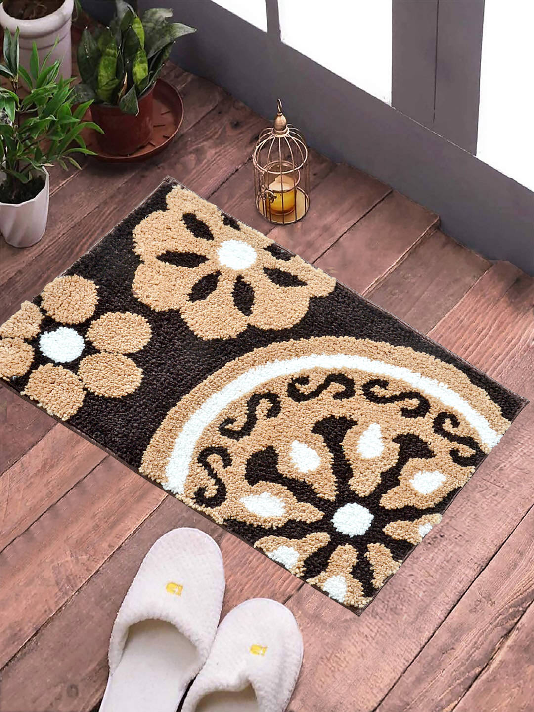 FABINALIV Brown Floral Cotton Blend Ultra Soft Anti Skid Door Mat