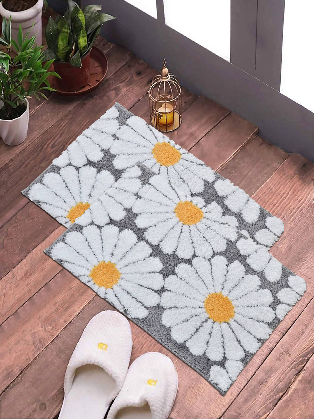 FABINALIV Pack of 2 Grey Floral Cotton Blend Anti Skid Door Mats