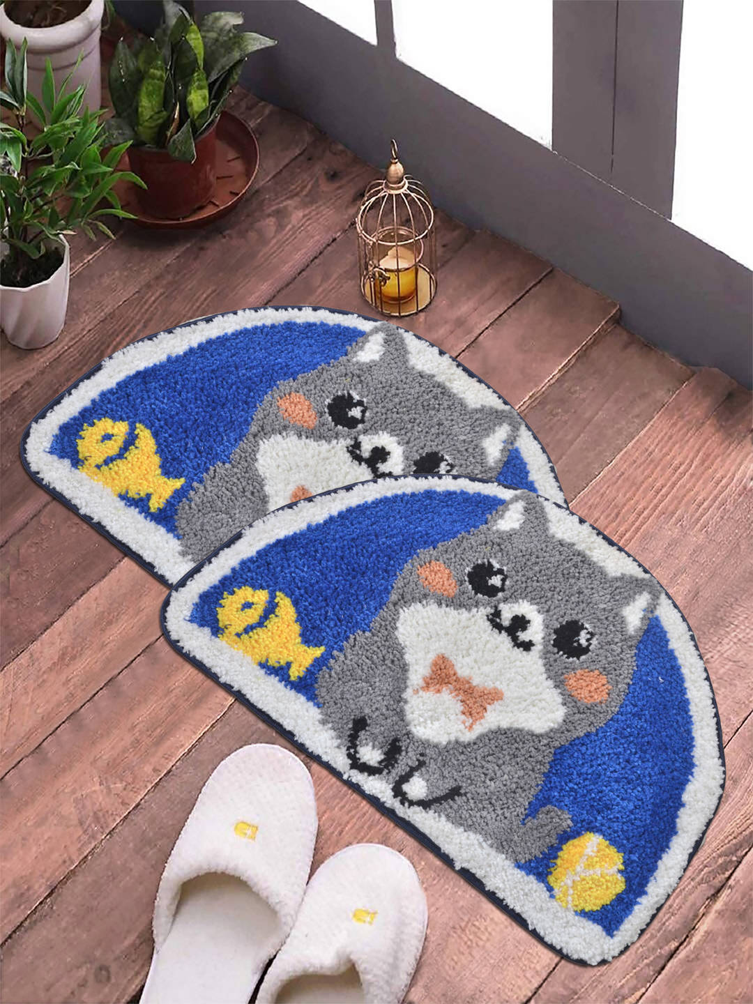 FABINALIV Pack of 2 Multicolor Cartoon Cotton Blend Anti Skid Door Mats
