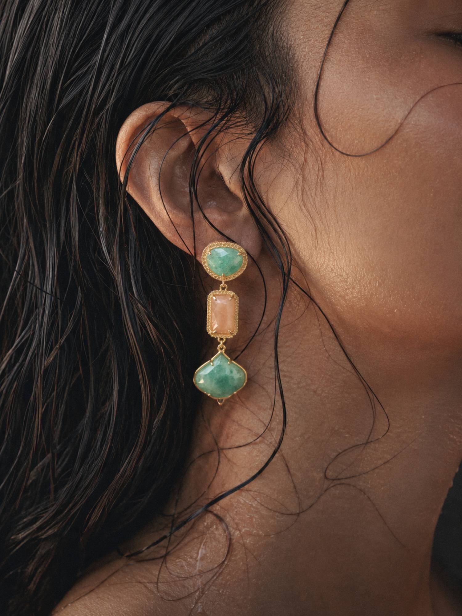 Curio Cottage Jade Green- Peach Drop Earrings