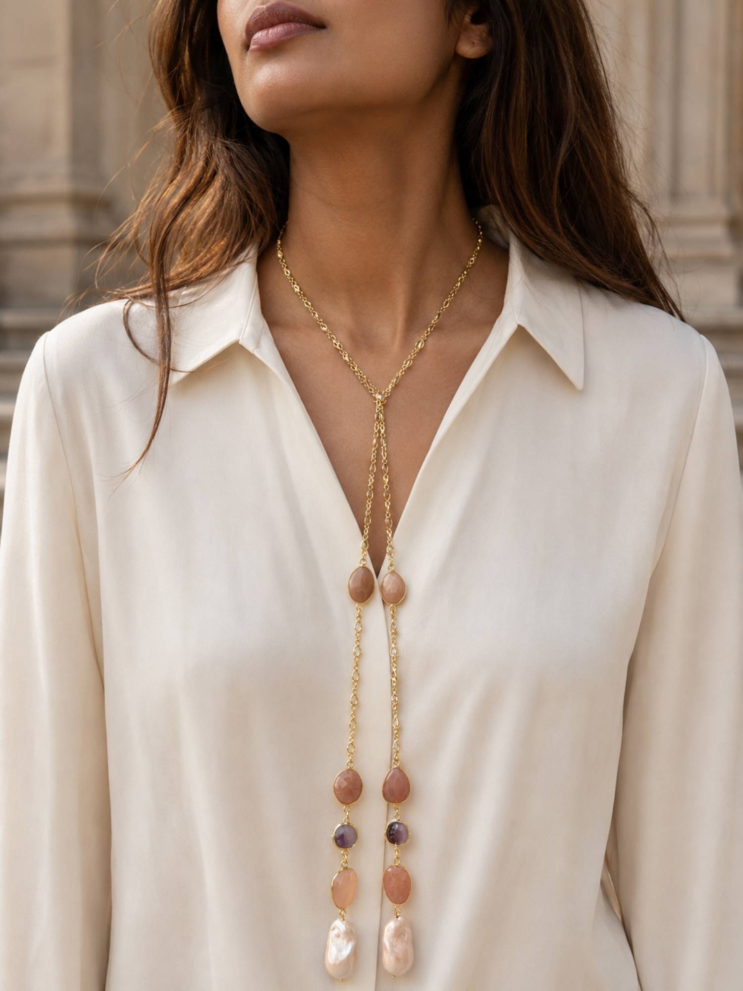 Curio Cottage Peach Endless Pearl Drop Lariat Necklace