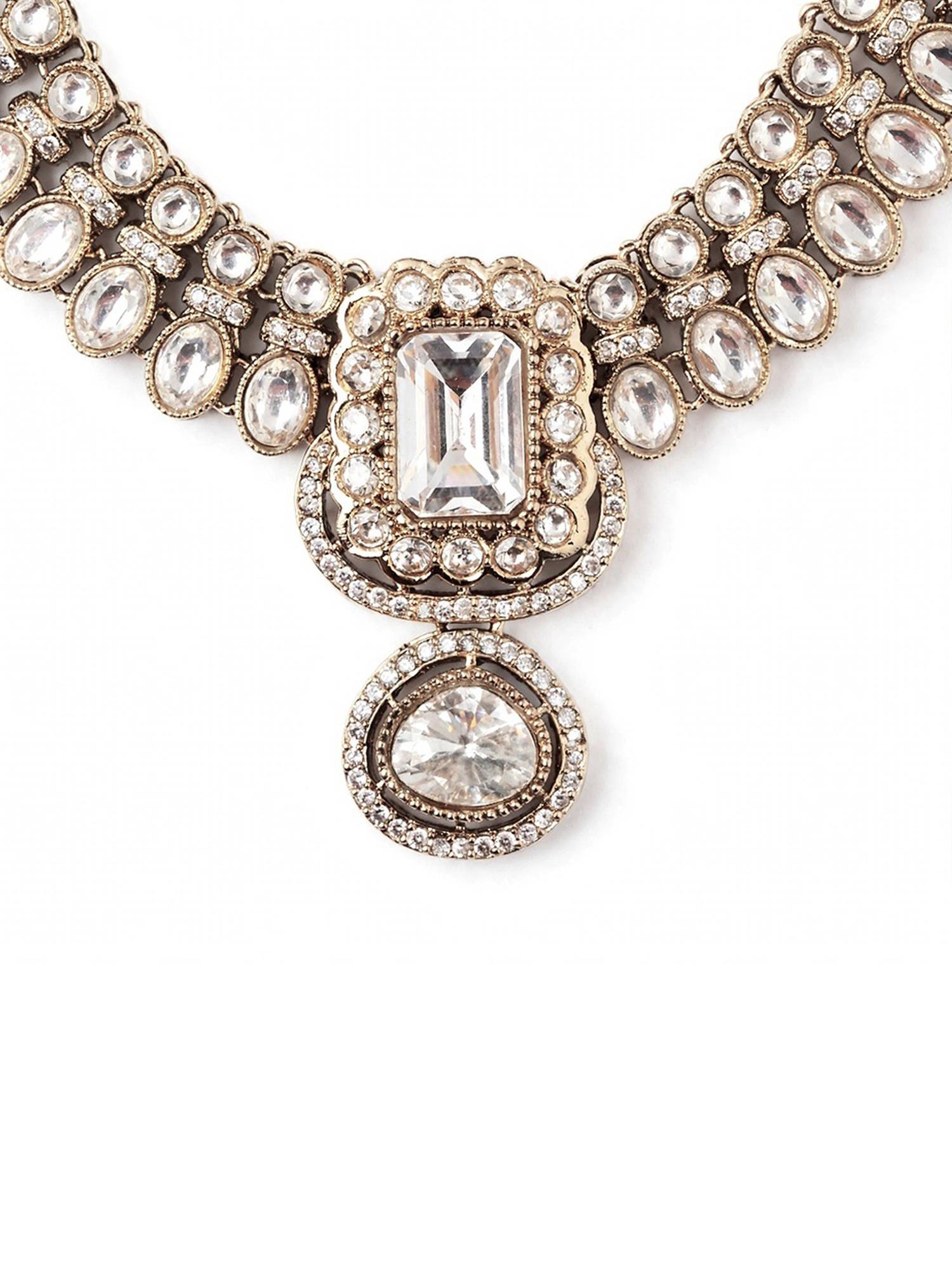 Buy Zaveri Pearls Antique Gold Tone White Stones Jewellery Set Online