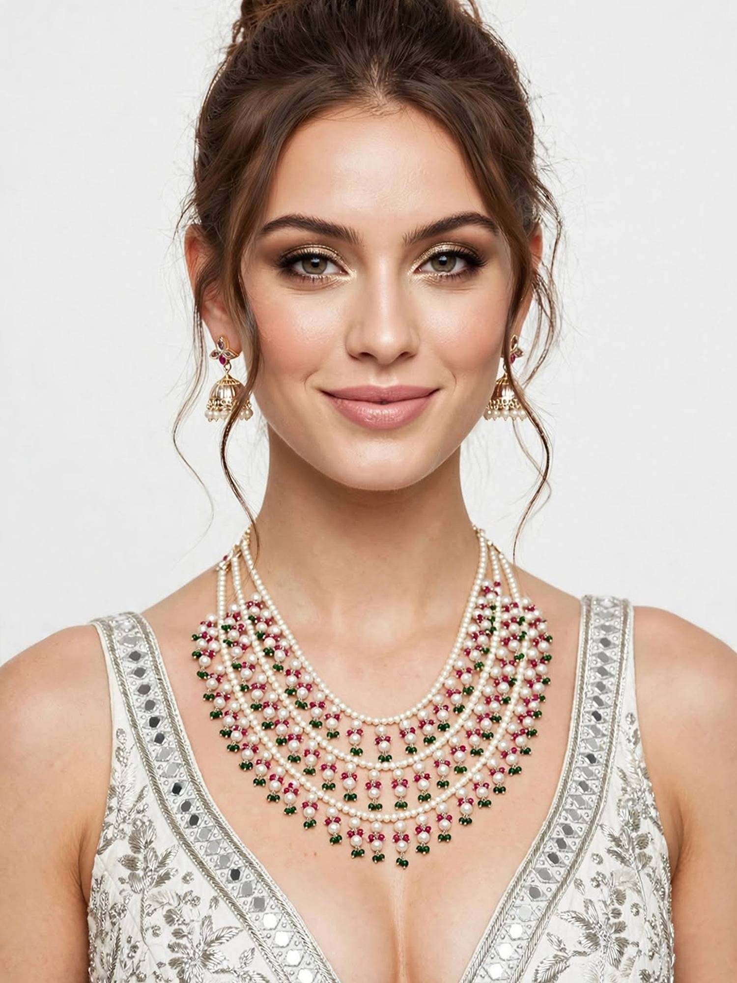 Zaveri Pearls Multi-Color Layered Cluster Pearls Beaded Jewellery Set