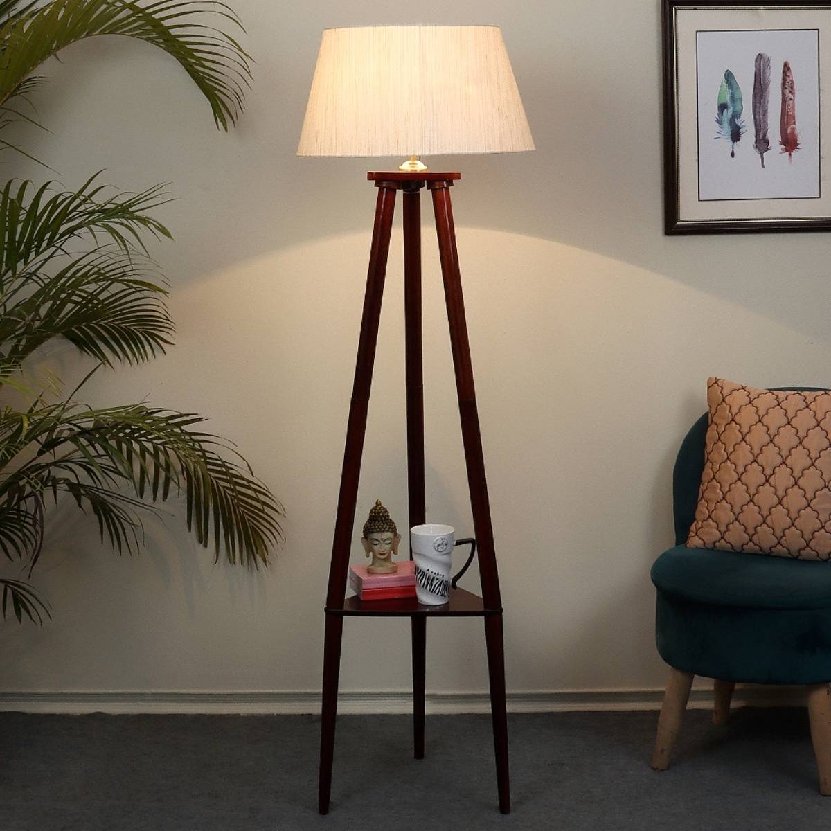 Tu Casa Floor Lamp Mango Wood Base & Off-White Cotton Satin Shade