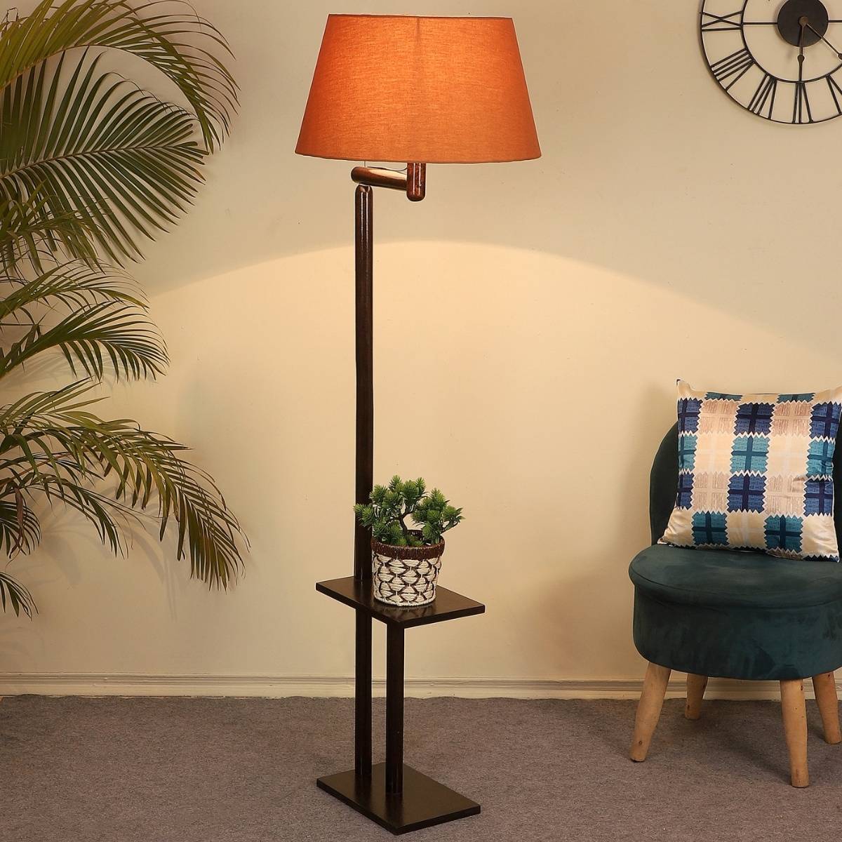 Tu Casa Floor Lamp Mango Wood Base & Brown Cotton Shade