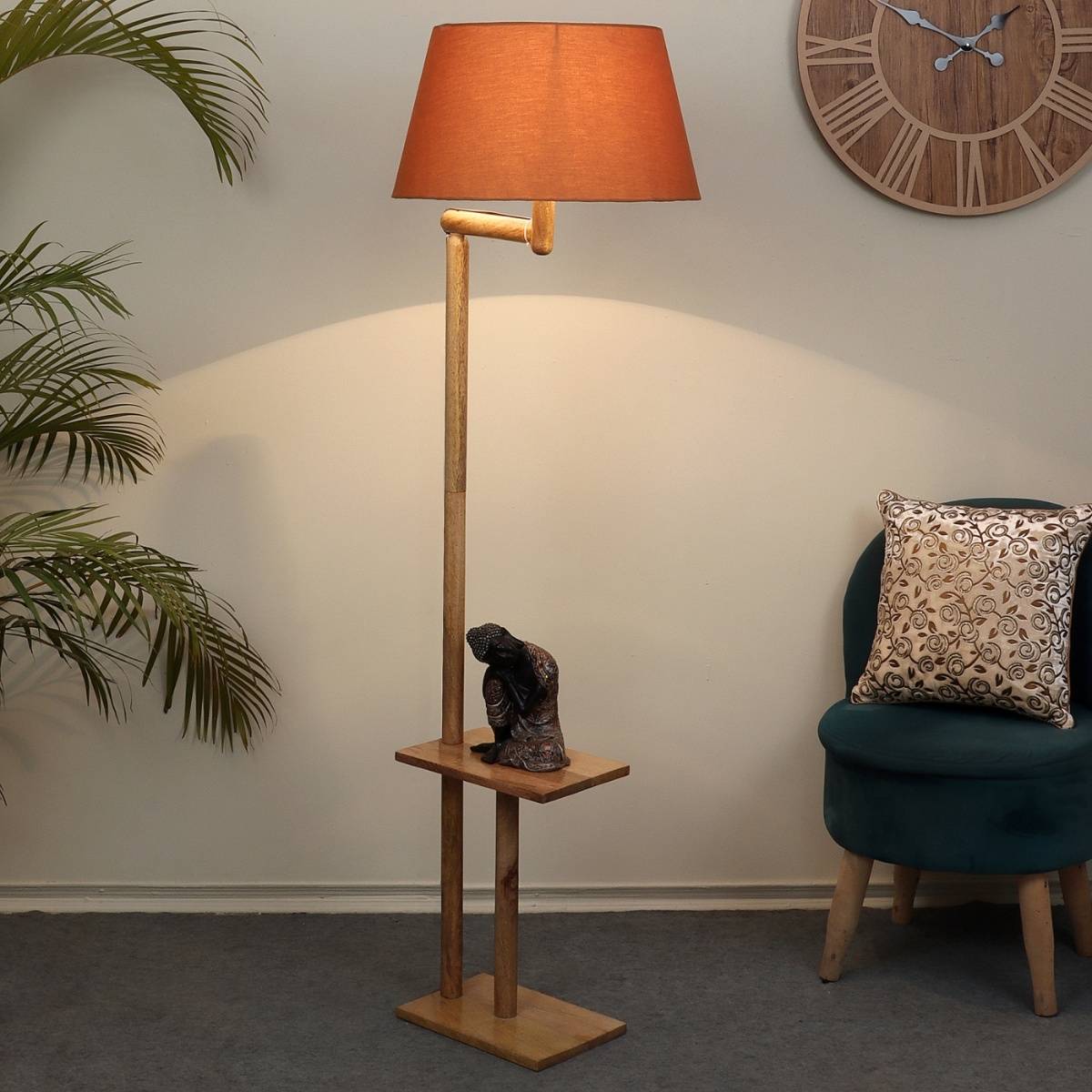 Tu Casa Floor Lamp Mango Wood Base & Brown Cotton Shade