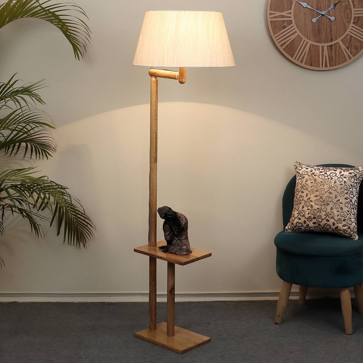 Tu Casa Floor Lamp Mango Wood Base & Off-White Cotton Shade