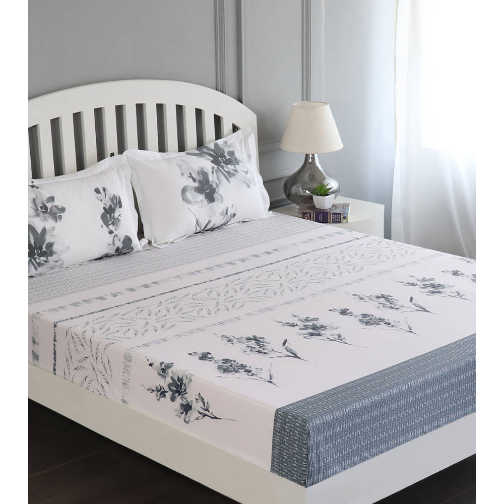 GM White Grey Floral Flat 180 TC Cotton Queen Bedsheet with 2 Pillow Covers